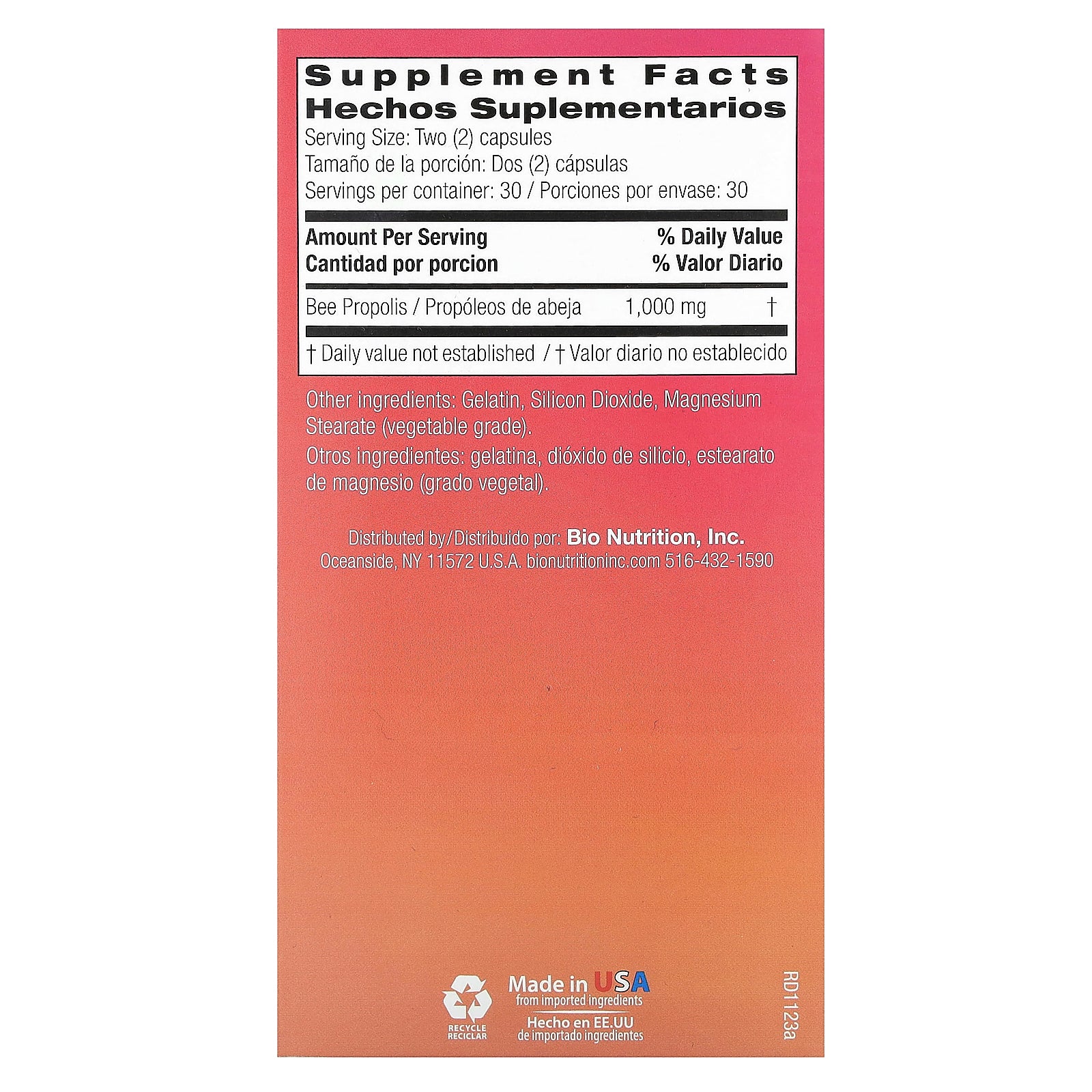 Foto 3 pulgar | Suplemento Bio Nutrition Con Propóleo De Abeja 60 Cápsulas (500 Mg) - Venta Internacional.