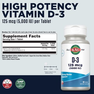 Foto 2 | Vitamina D3 Kal 5000 UI 125 mcg 60 Tabletas- Venta Internacional