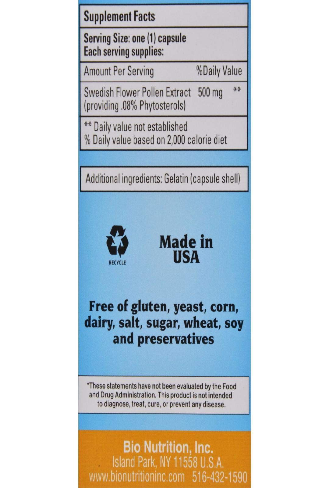 Foto 4 pulgar | Polen De Flores Sueco Supplement Bio Nutrition, 500 Mg, 60 Unidades - Venta Internacional.