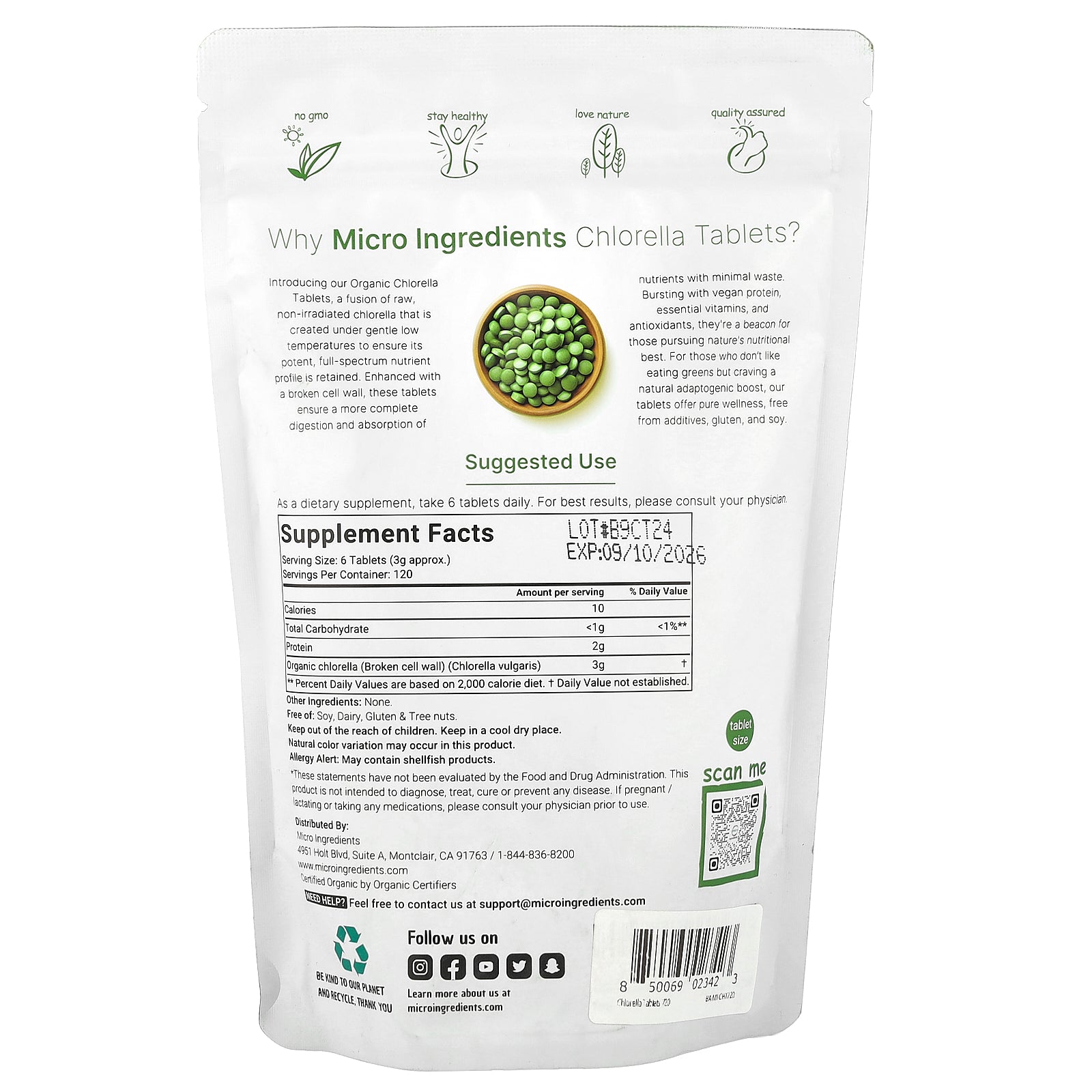 Foto 3 pulgar | Suplemento De Microingredientes De Clorella Orgánica 720 Tabletas - Venta Internacional.