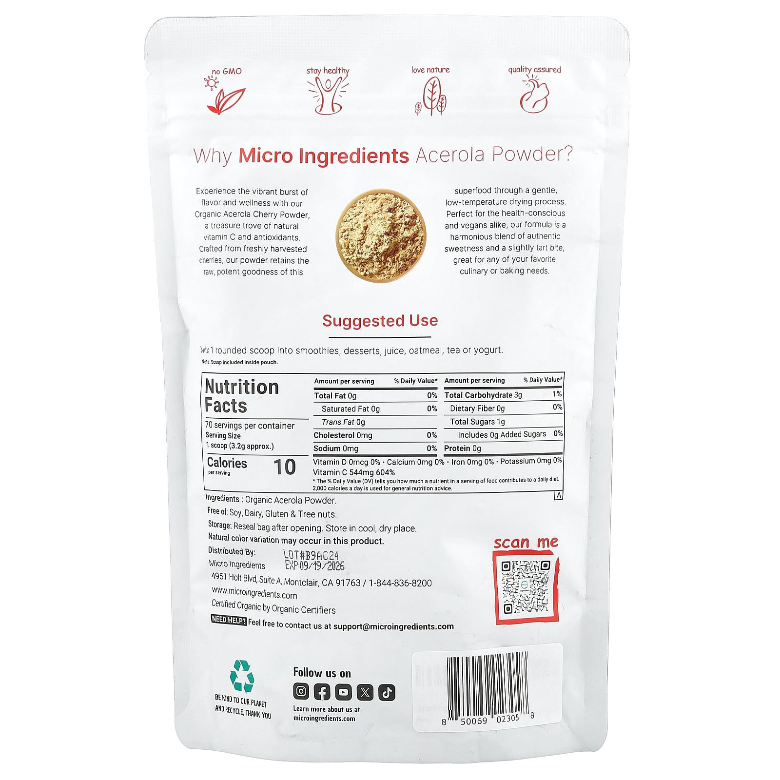Foto 3 pulgar | Microingredientes Orgánicos En Polvo De Acerola 227 G - Venta Internacional.