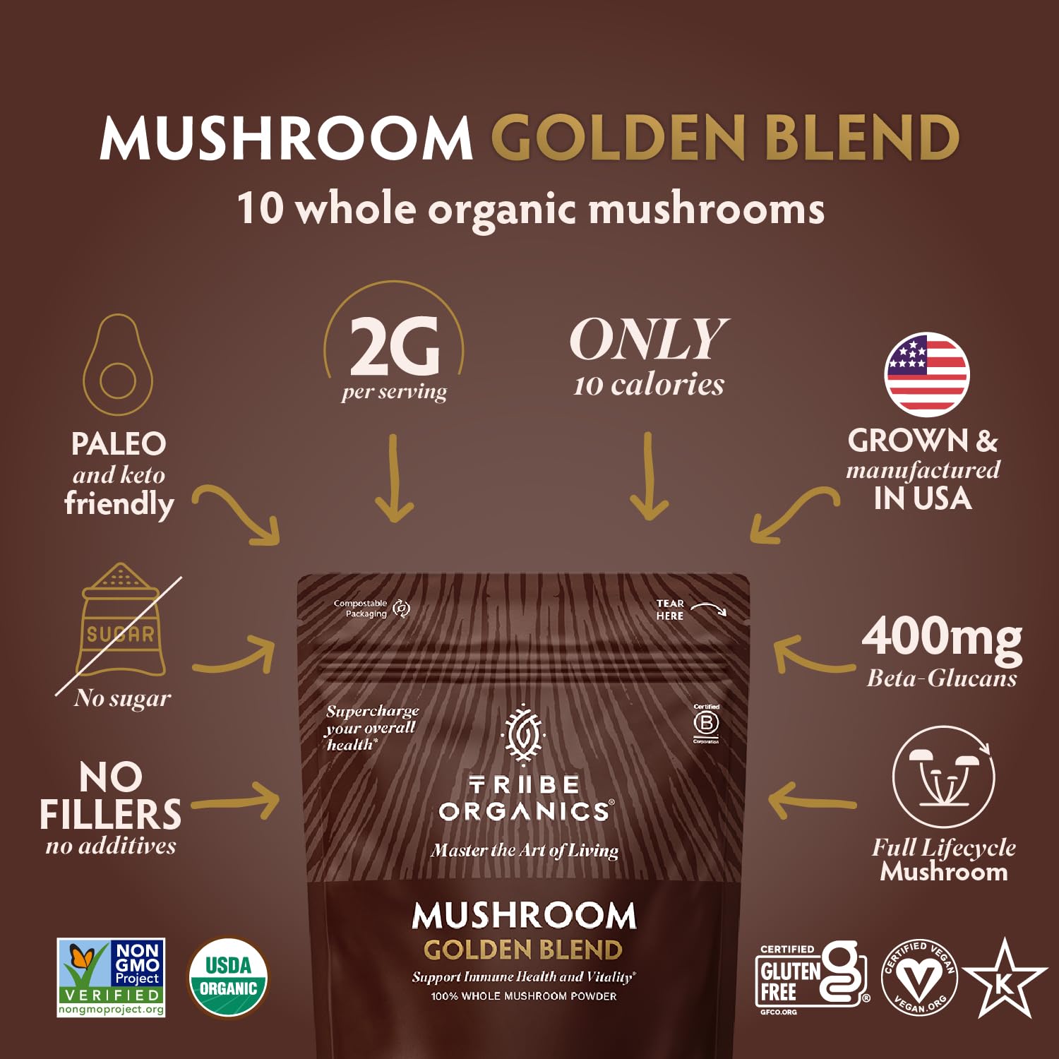 Foto 3 pulgar | Polvo De Hongos Tribe Organics Mushroom Golden Blend 200 G - Venta Internacional.