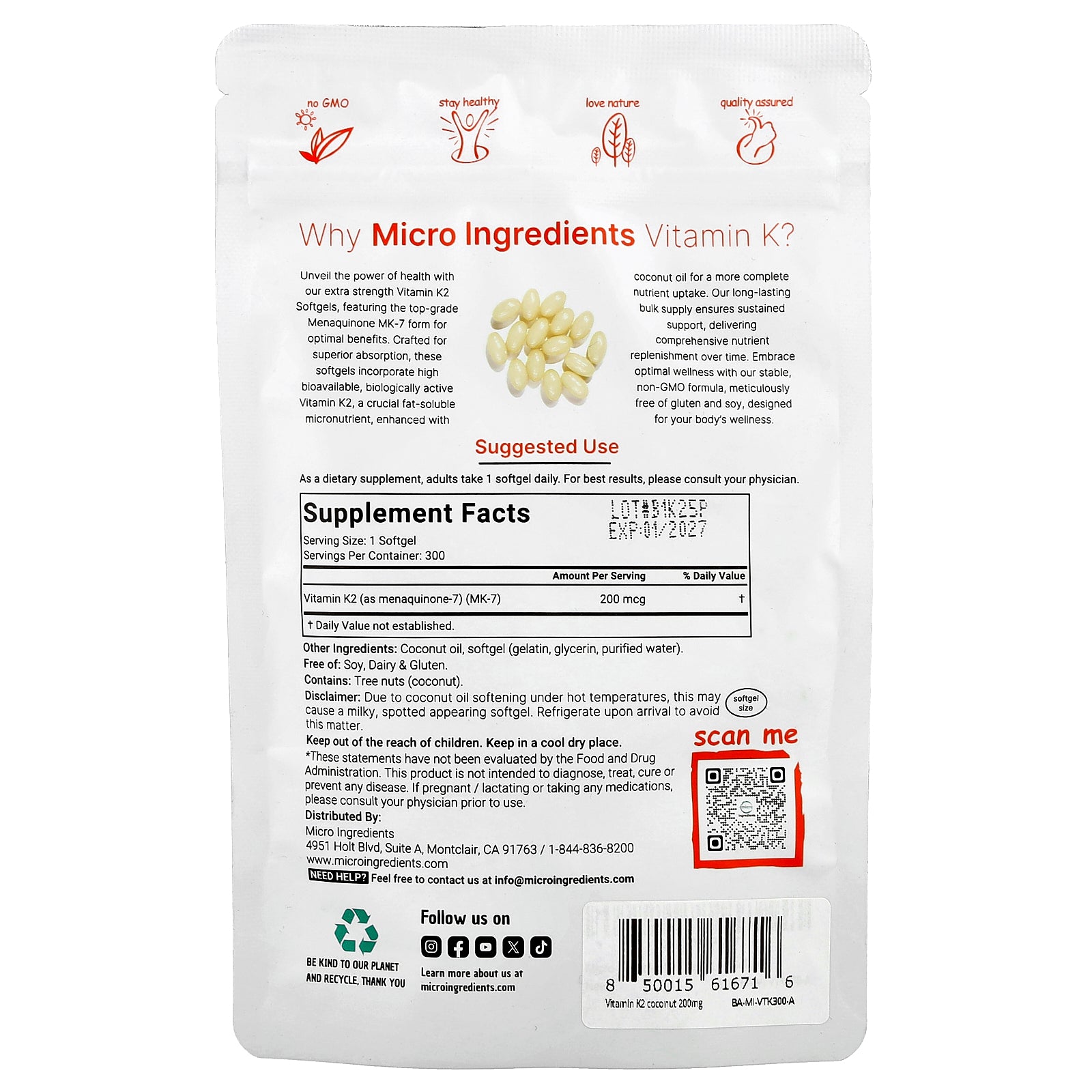 Foto 2 | Suplemento De Microingredientes  Vitamina K2 Mk-7  200 Mcg  300 Cápsulas Blandas - Venta Internacional.