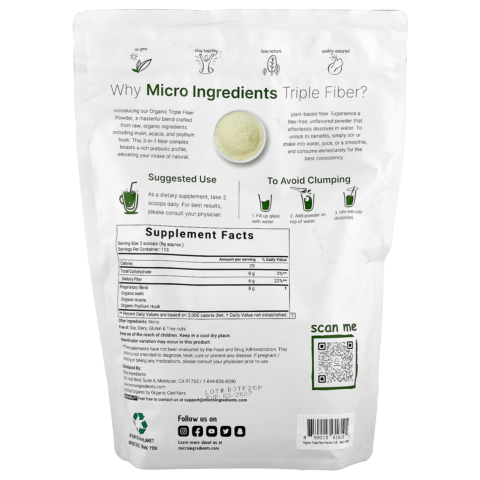 Foto 3 pulgar | Suplemento: Microingredientes Orgánicos De Triple Fibra  907 G - Venta Internacional.