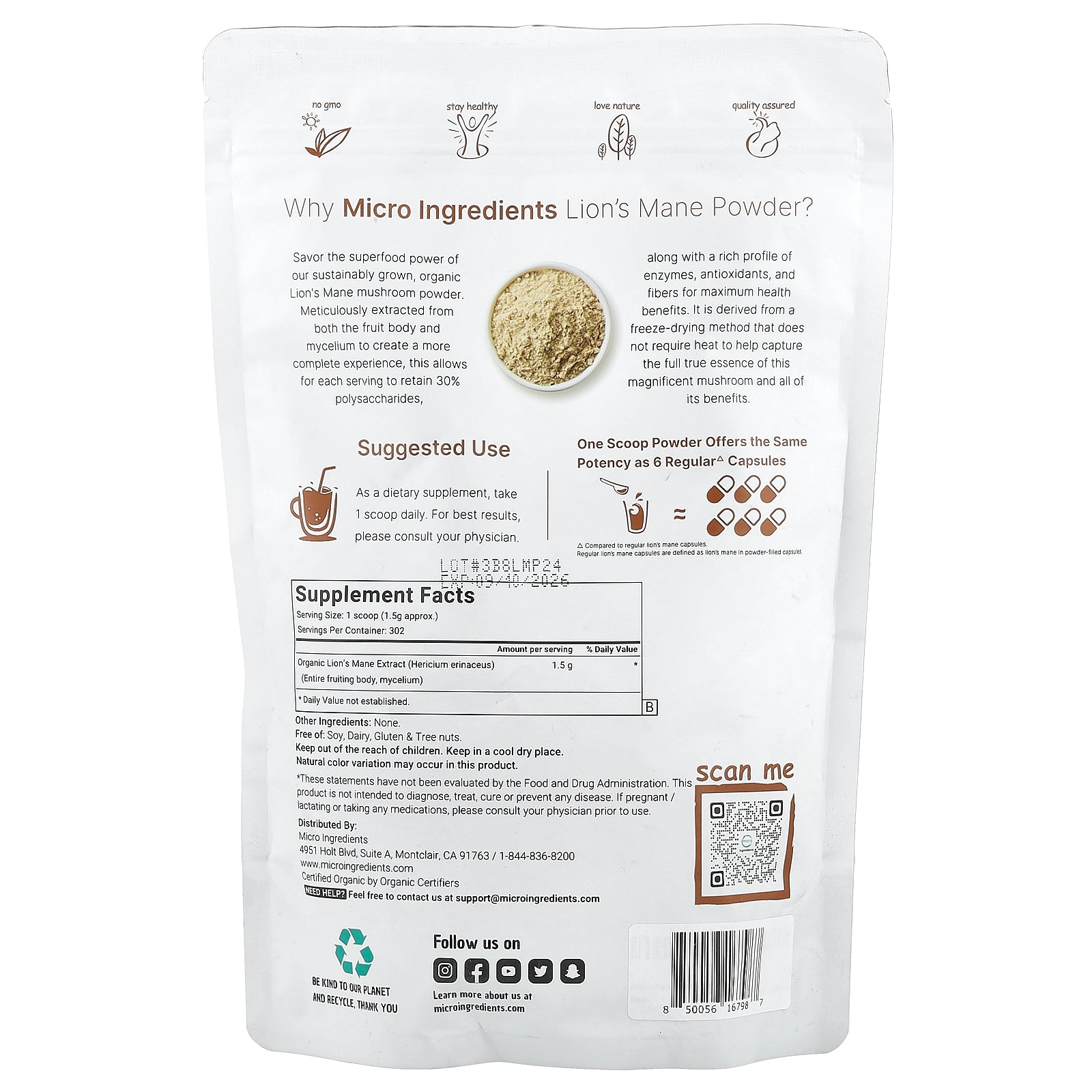 Foto 3 pulgar | Microingredientes Orgánicos De Melena De León En Polvo  454 G - Venta Internacional.