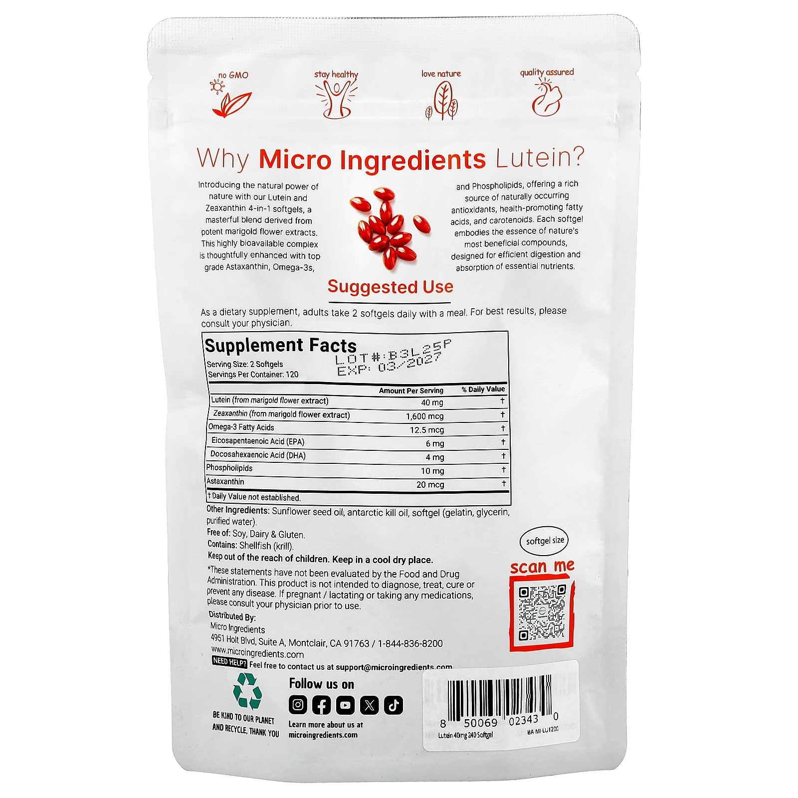 Foto 3 pulgar | Complemente Microingredientes De Luteína Con Zeaxantina 240 Cápsulas Blandas - Venta Internacional.