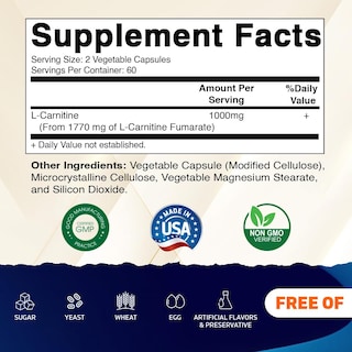 Foto 2 | Suplemento Vitamático De Fumarato De L-carnitina 1000 Mg 120 Cápsulas - Venta Internacional.