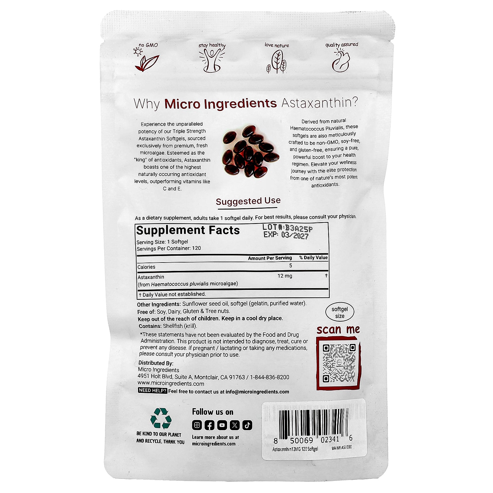 Foto 2 | Suplemento: Microingredientes: Astaxantina  12 Mg  120 Cápsulas Blandas - Venta Internacional.