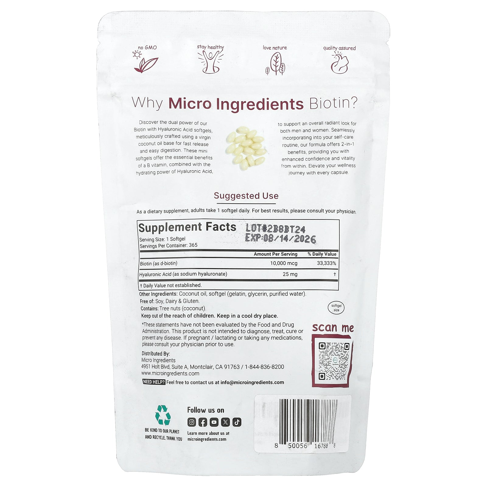 Foto 3 pulgar | Suplemento De Microingredientes: Biotina Con Ácido Hialurónico  365 Cápsulas Blandas - Venta Internacional.