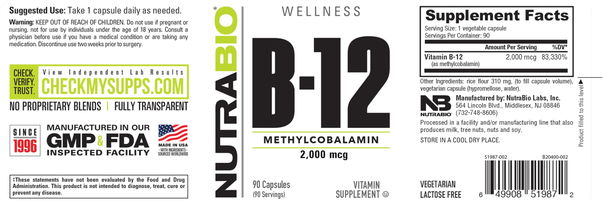 Foto 3 | Suplemento Vitamínico Nutrabio Methyl B-12 2000 Mcg 90 Cápsulas - Venta Internacional
