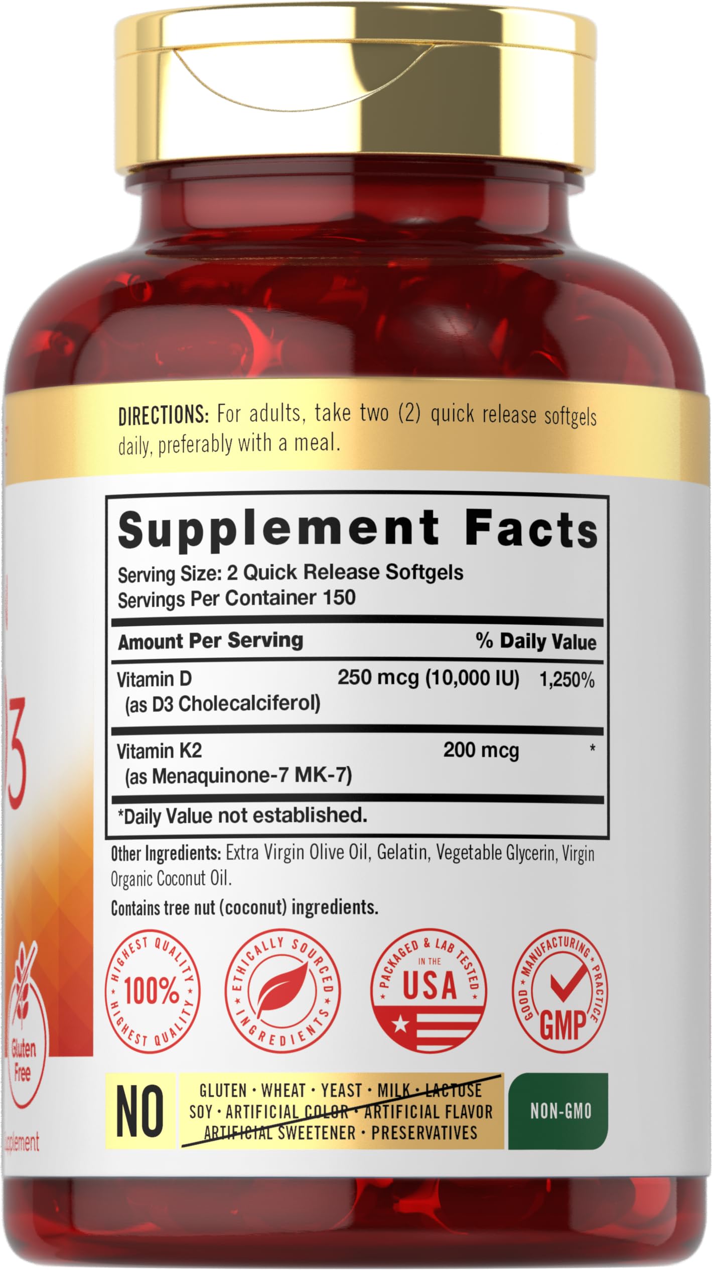 Foto 2 | Complemente Las 300 Cápsulas Blandas De Vitamina K2 Y D3 De Carlyle - Venta Internacional.