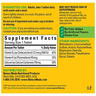 Foto 7 | Suplemento Nature Made Calcium 750 Mg Con Vitaminas D&k 300 Comprimidos - Venta Internacional.