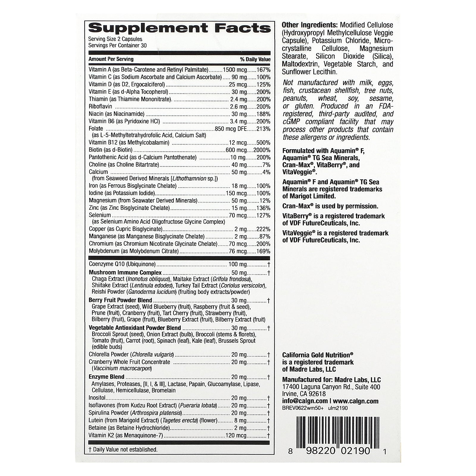 Foto 2 | Multivitamínico California Gold Nutrition Ultamins Para Mujer  50 O Más  60 Cápsulas - Venta Internacional.