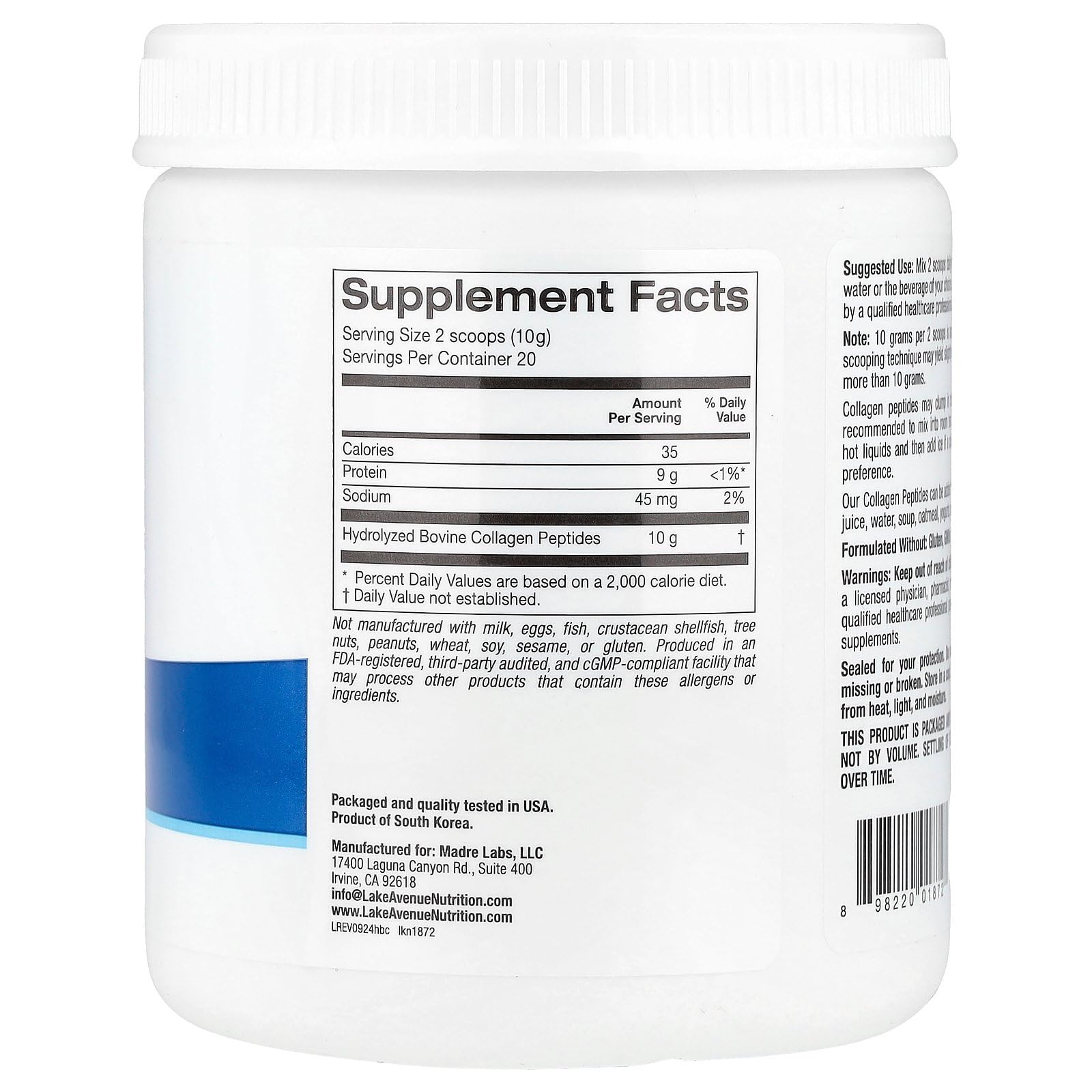 Foto 2 | Suplemento De Péptidos De Colágeno Hidrolizado De Lake Avenue Nutrition - Venta Internacional.
