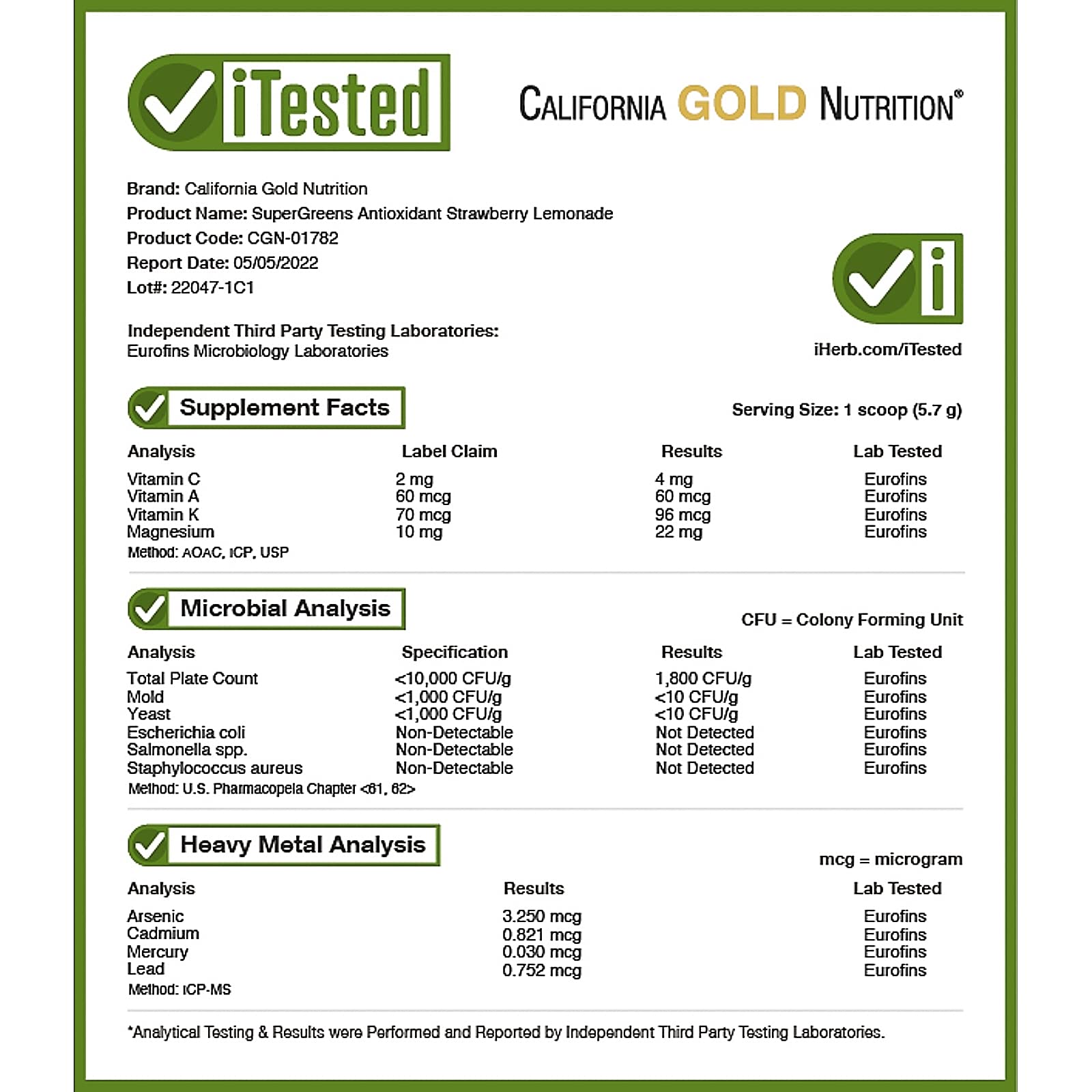 Foto 5 pulgar | Suplemento Antioxidante Supergreens De California Gold Nutrition - Venta Internacional.