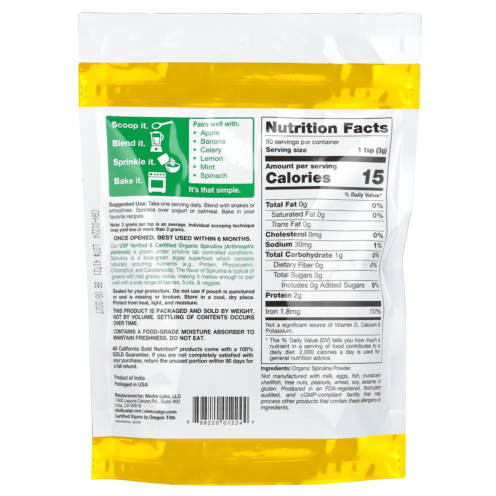 Foto 3 pulgar | Suplemento De Espirulina Orgánica California Gold Nutrition 240 G - Venta Internacional.