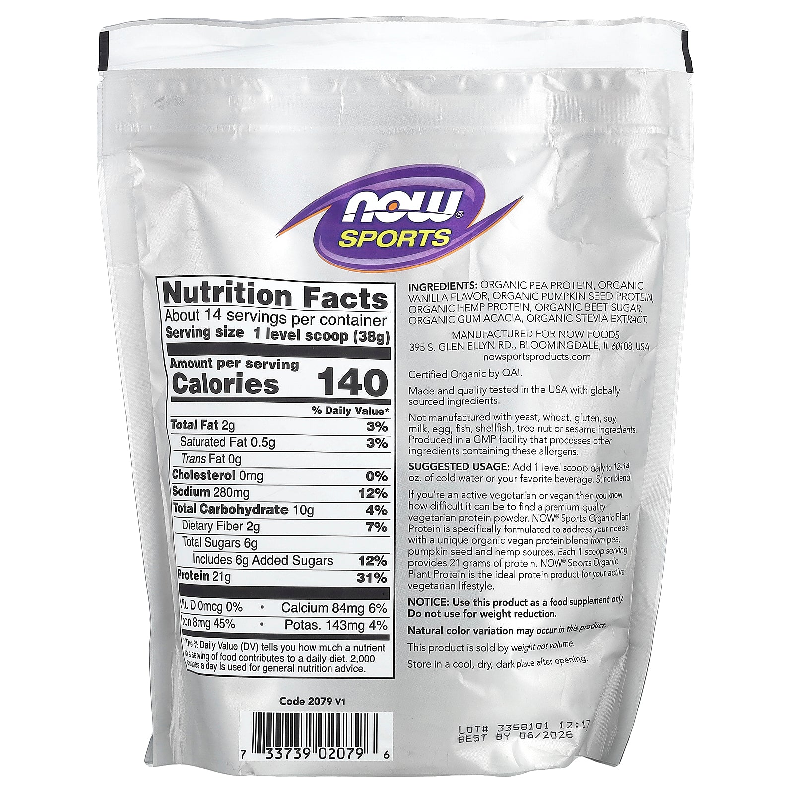 Foto 3 pulgar | Proteína En Polvo Now Foods Sports Organic Vegetal Cremosa Vainilla - Venta Internacional.