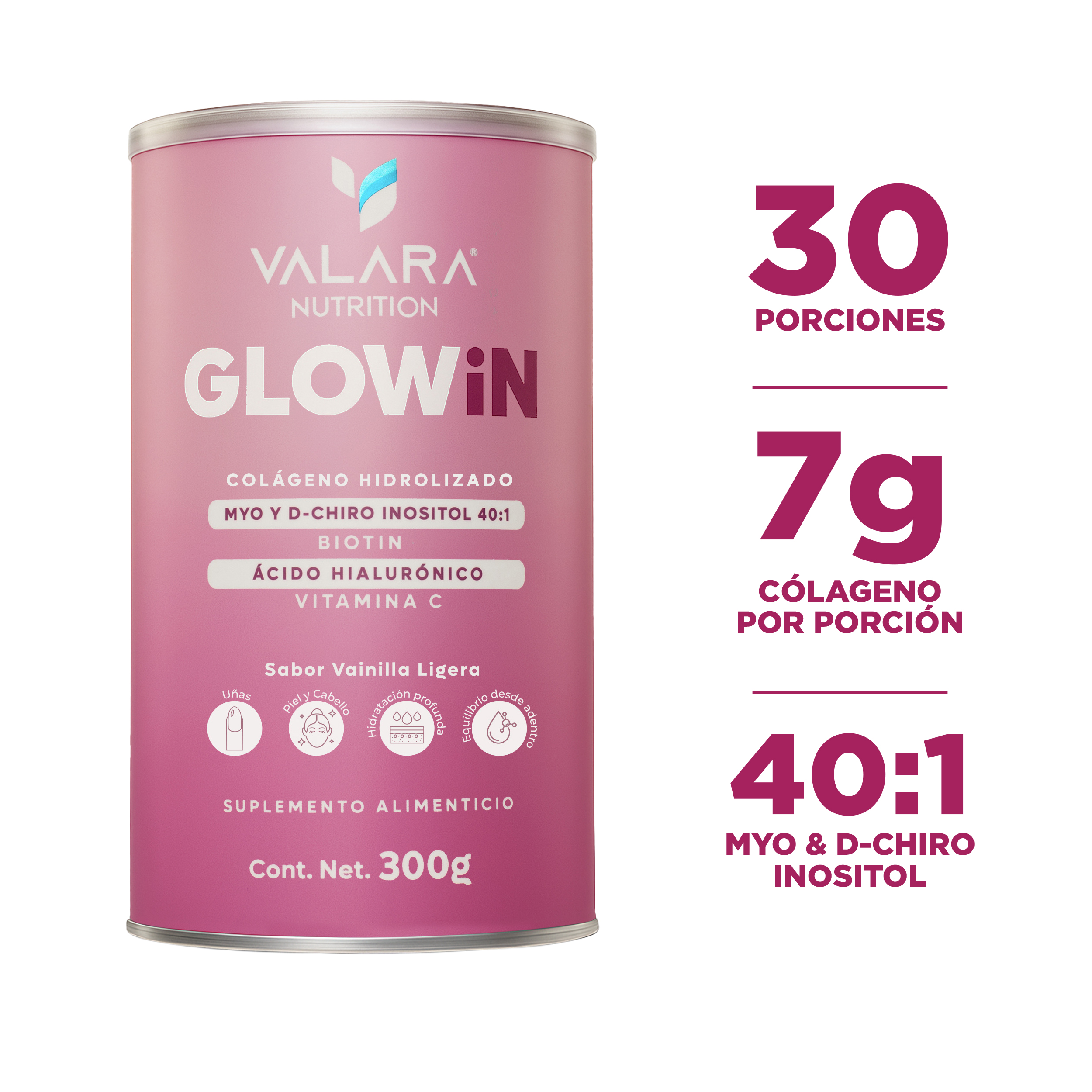 Foto 3 pulgar | Glowin Valara Colágeno Hidrolizado 300 Gr - Myo Y D Chiro Inositol  Biotina  Ácido Hialurónico Y Vitamina C
