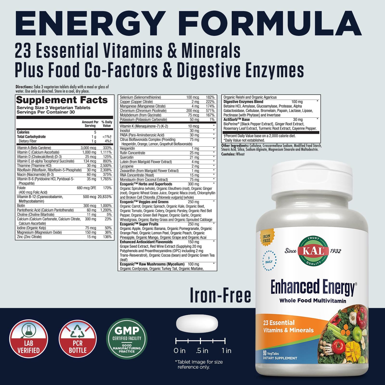 Foto 3 pulgar | Suplementos Kal Enhanced Energy 3 Diarios 90 Tabletas Vegetarianas - Venta Internacional