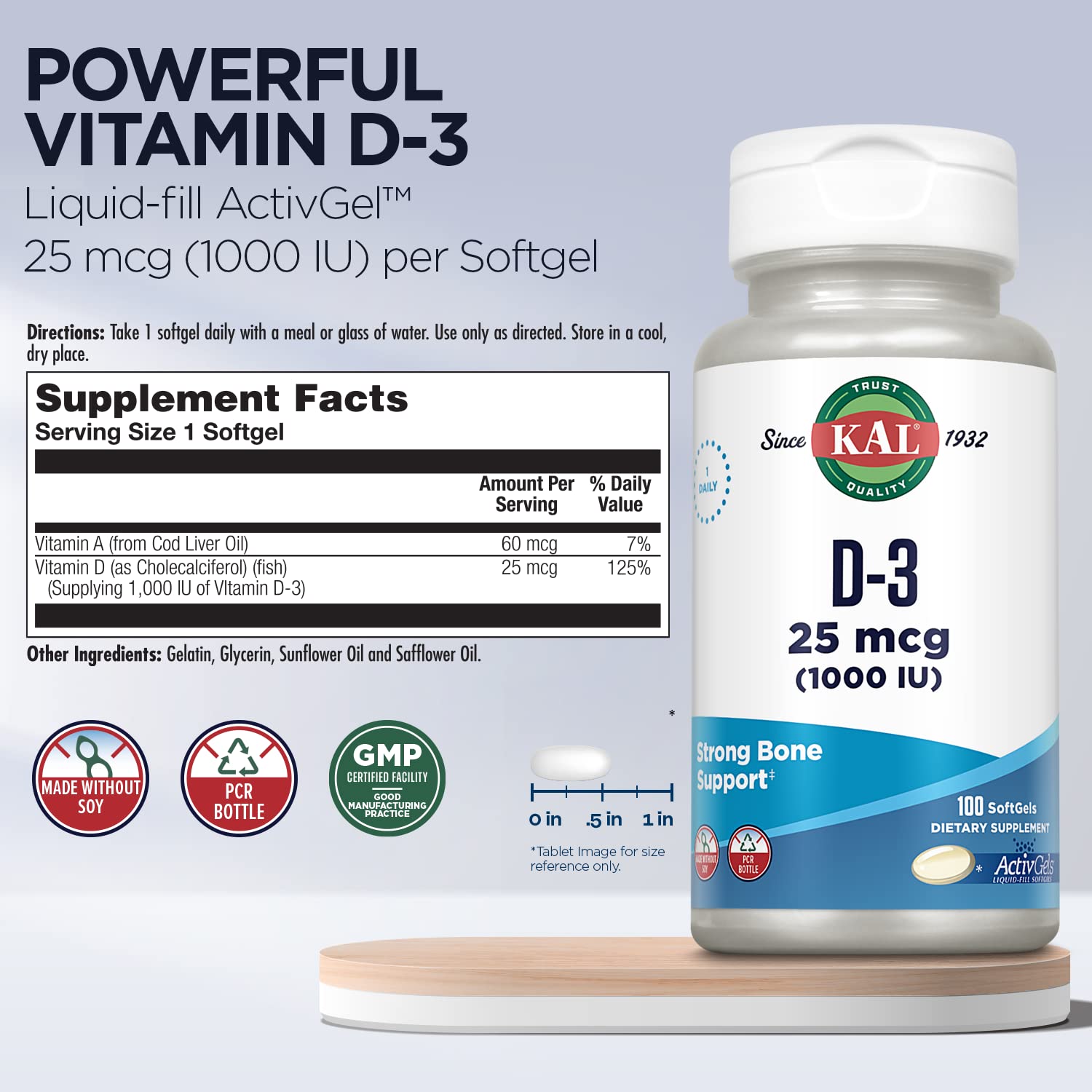 Foto 4 pulgar | Suplemento Kal de Vitamina D3 1000 Ui 100 Softgels - Venta Internacional