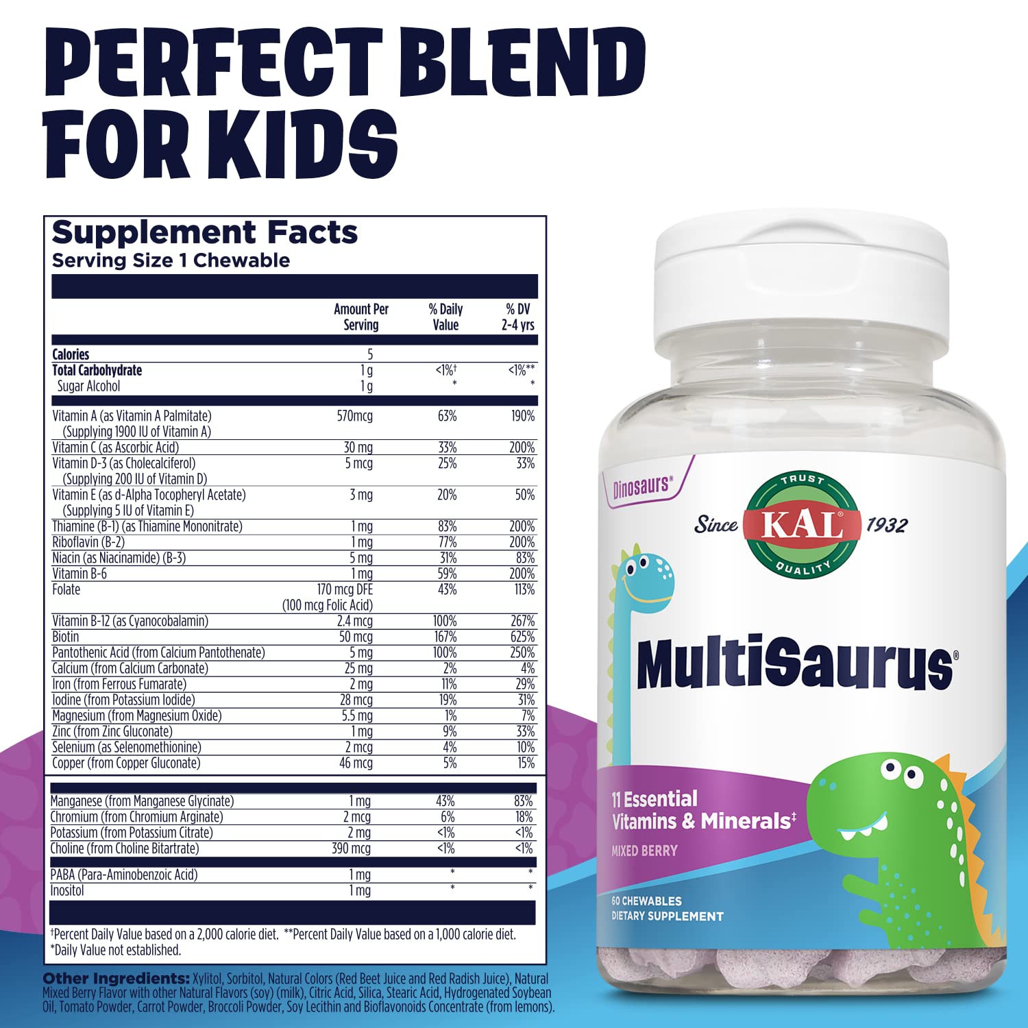 Foto 2 | Multivitamínicos Masticables Kal MultiSaurus Kids 60 Porciones - Venta Internacional