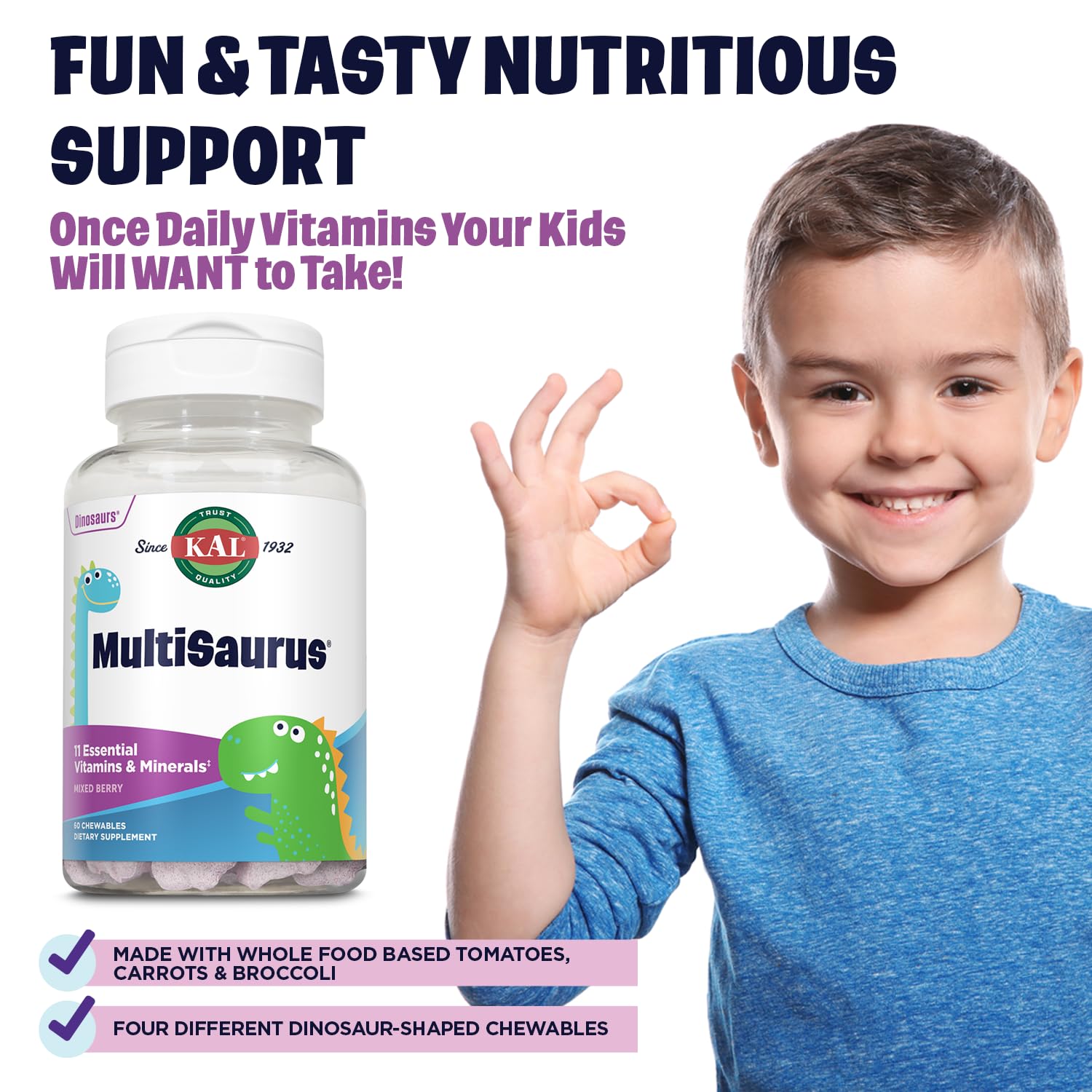 Foto 3 | Multivitamínicos Masticables Kal MultiSaurus Kids 60 Porciones - Venta Internacional