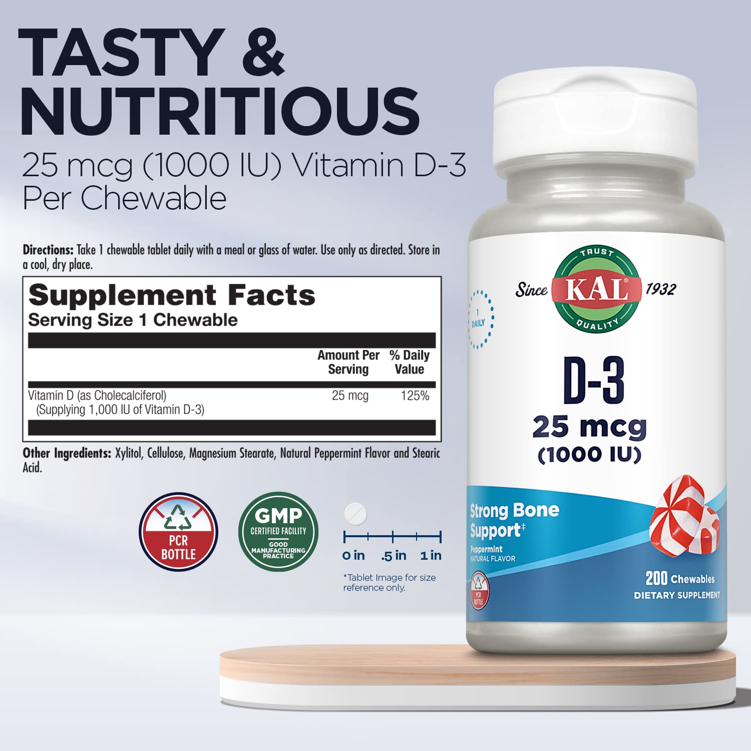 Foto 4 pulgar | Vitamina D-3 Kal 1000 Ui Sabor Menta 200 Comprimidos Masticables - Venta Internacional