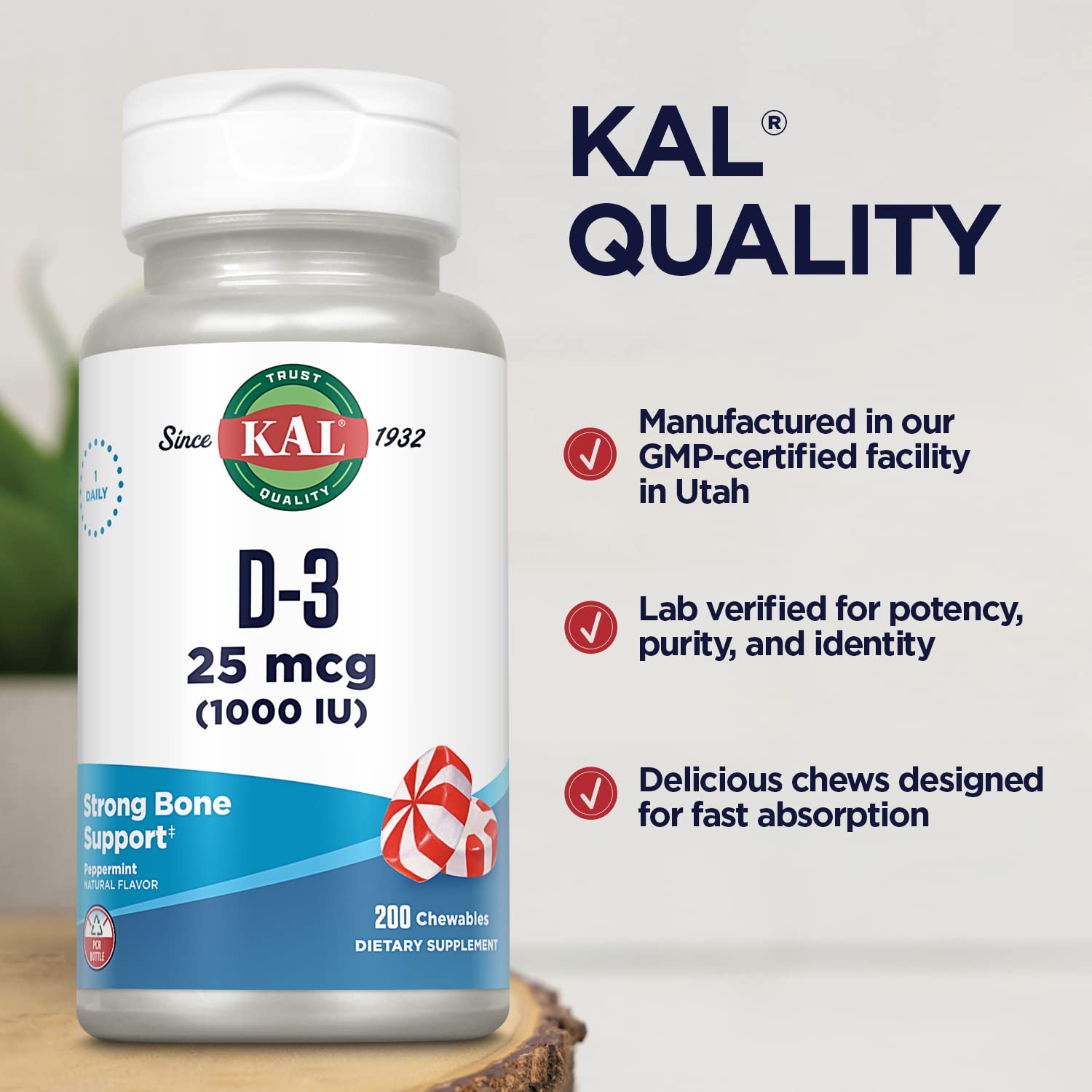 Foto 5 | Vitamina D-3 Kal 1000 Ui Sabor Menta 200 Comprimidos Masticables - Venta Internacional