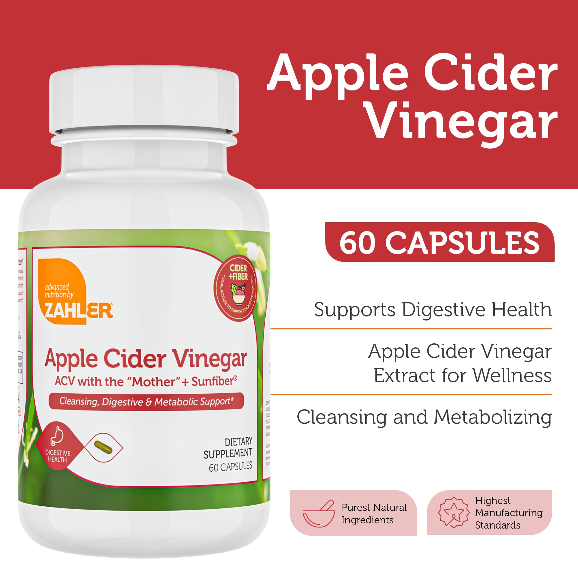 Foto 3 pulgar | Cápsulas de Vinagre de Sidra de Manzana Supplement Zahler con Fibra  60 Unidades - Venta Internacional
