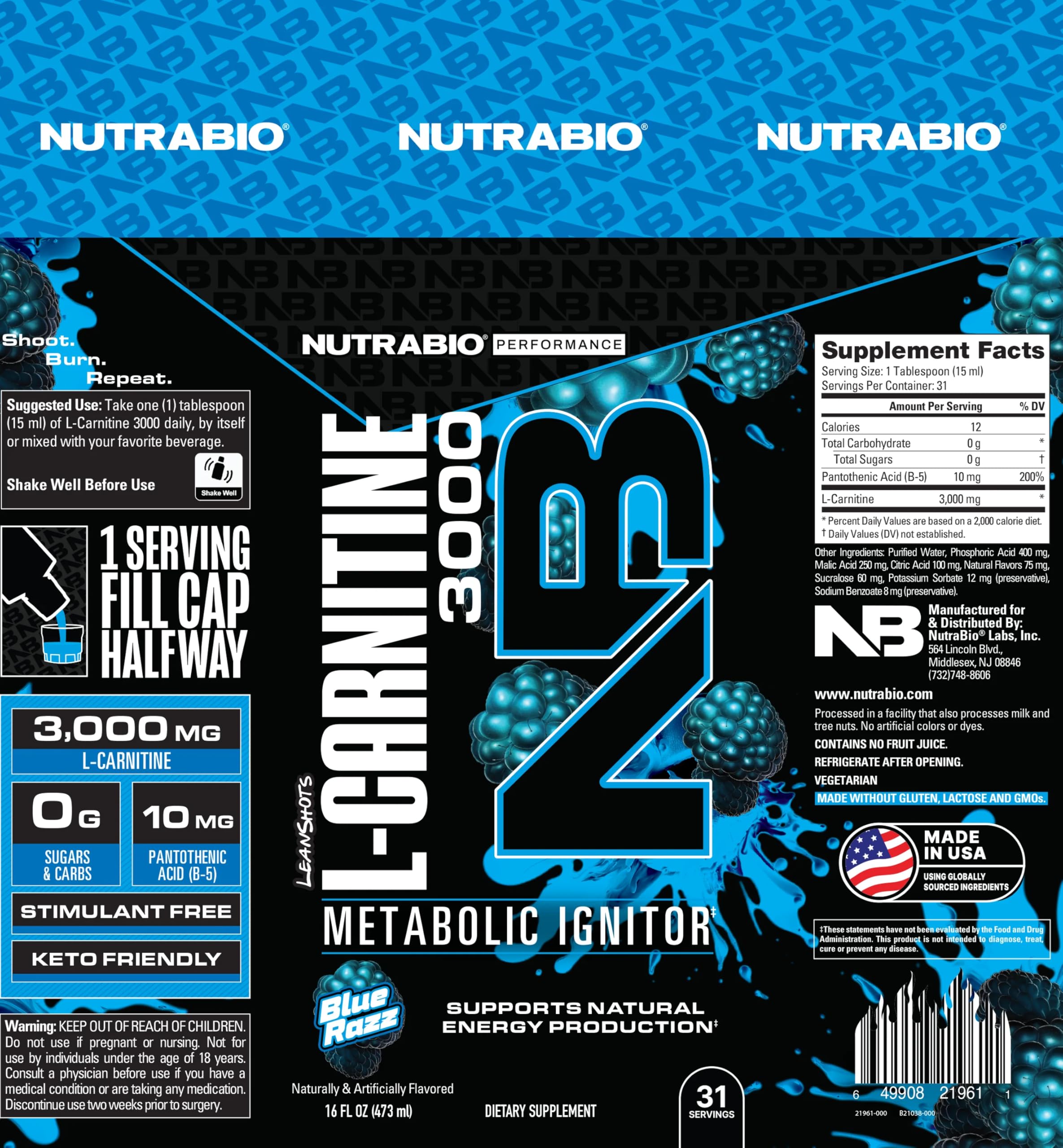 Foto 6 pulgar | L-Carnitina NutraBio Líquida 3000 Mg Blue Razz con Vitamina B-5 - Venta Internacional