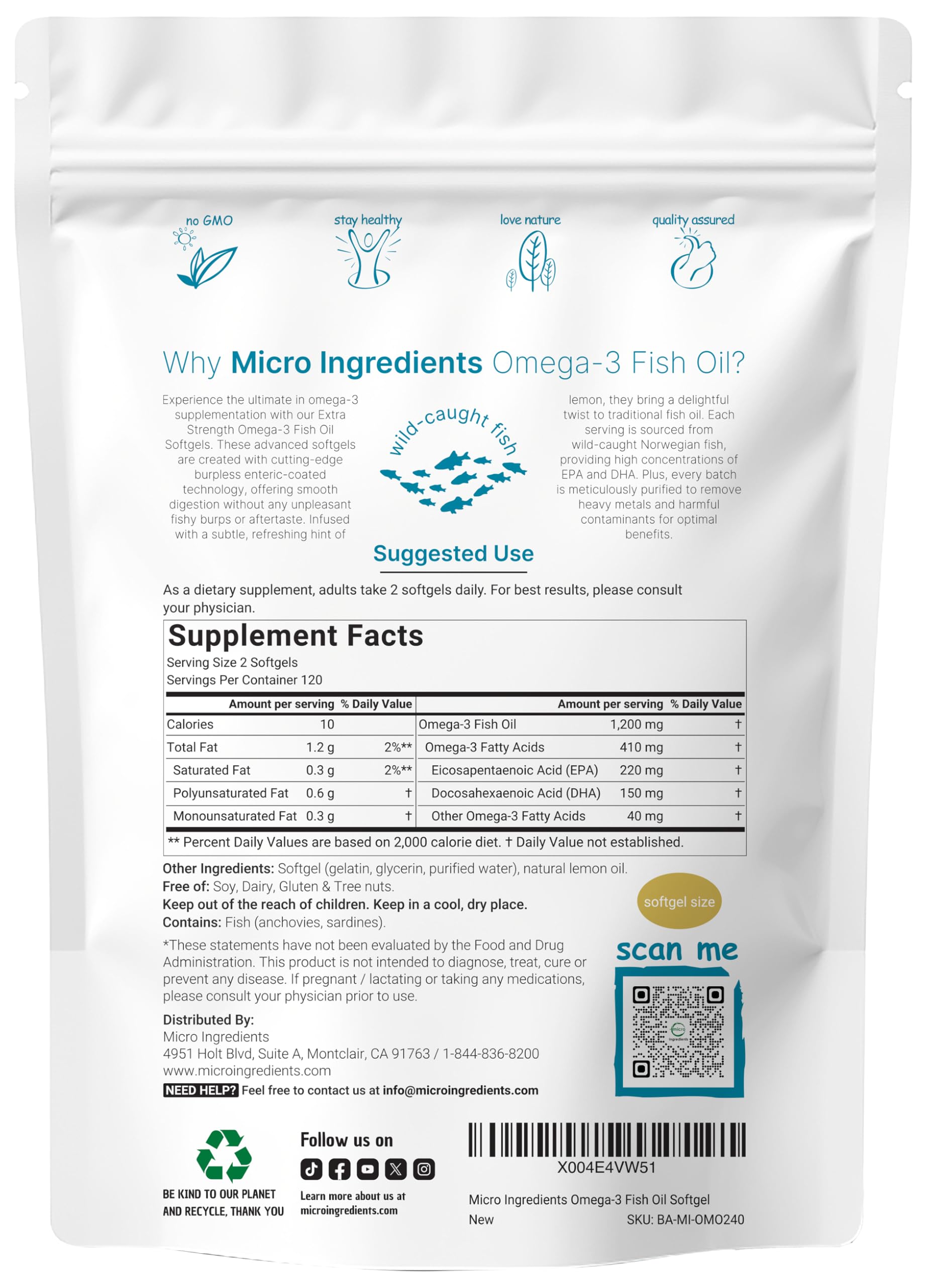 Foto 2 | Suplementos  Microingredientes  Aceite De Pescado Omega 3  1200 Mg  240 Cápsulas Blandas - Venta Internacional.