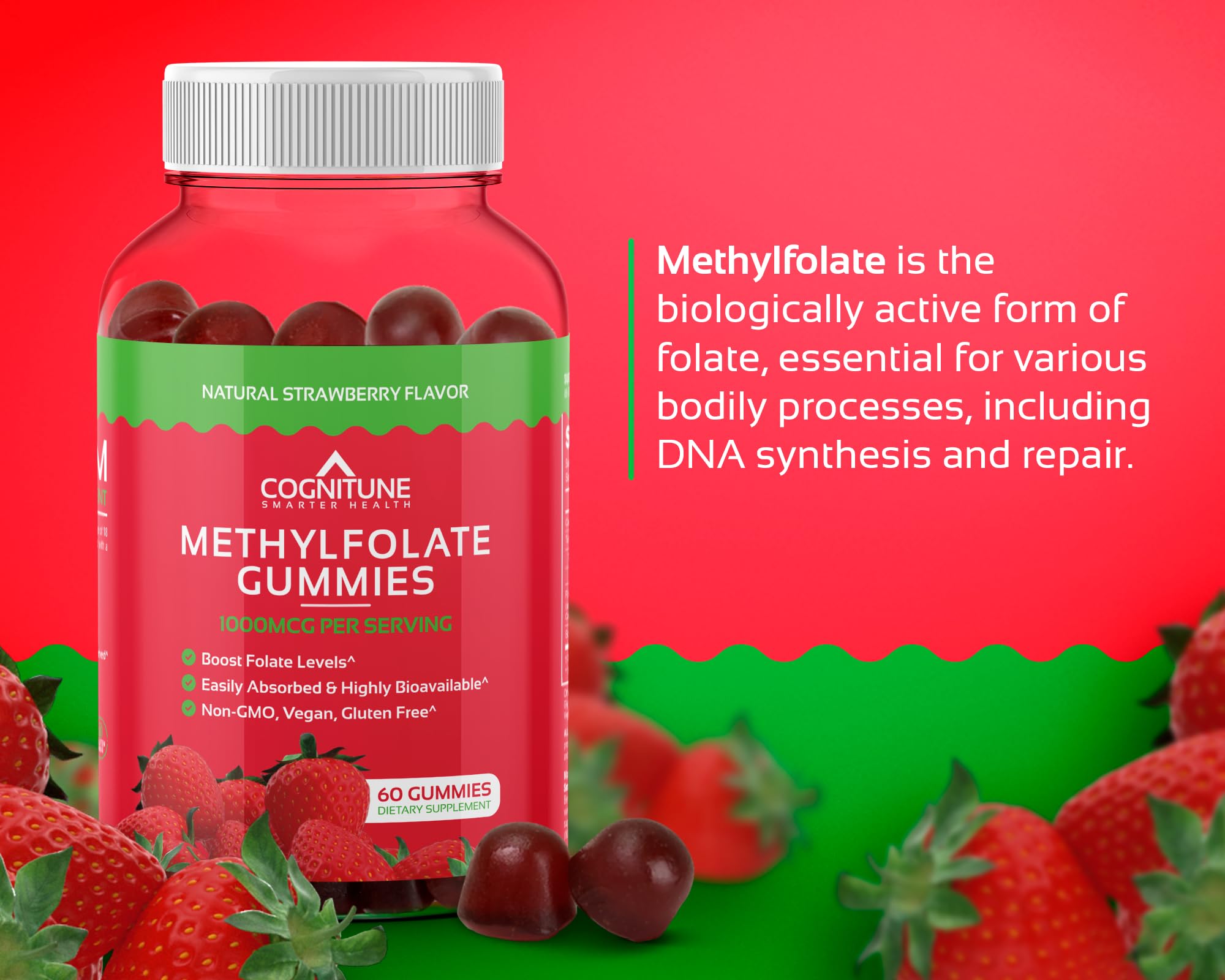 Foto 7 pulgar | Suplemento De Gomitas De Metilfolato Cognitune De 1000 Mcg Con Fresa - Venta Internacional.