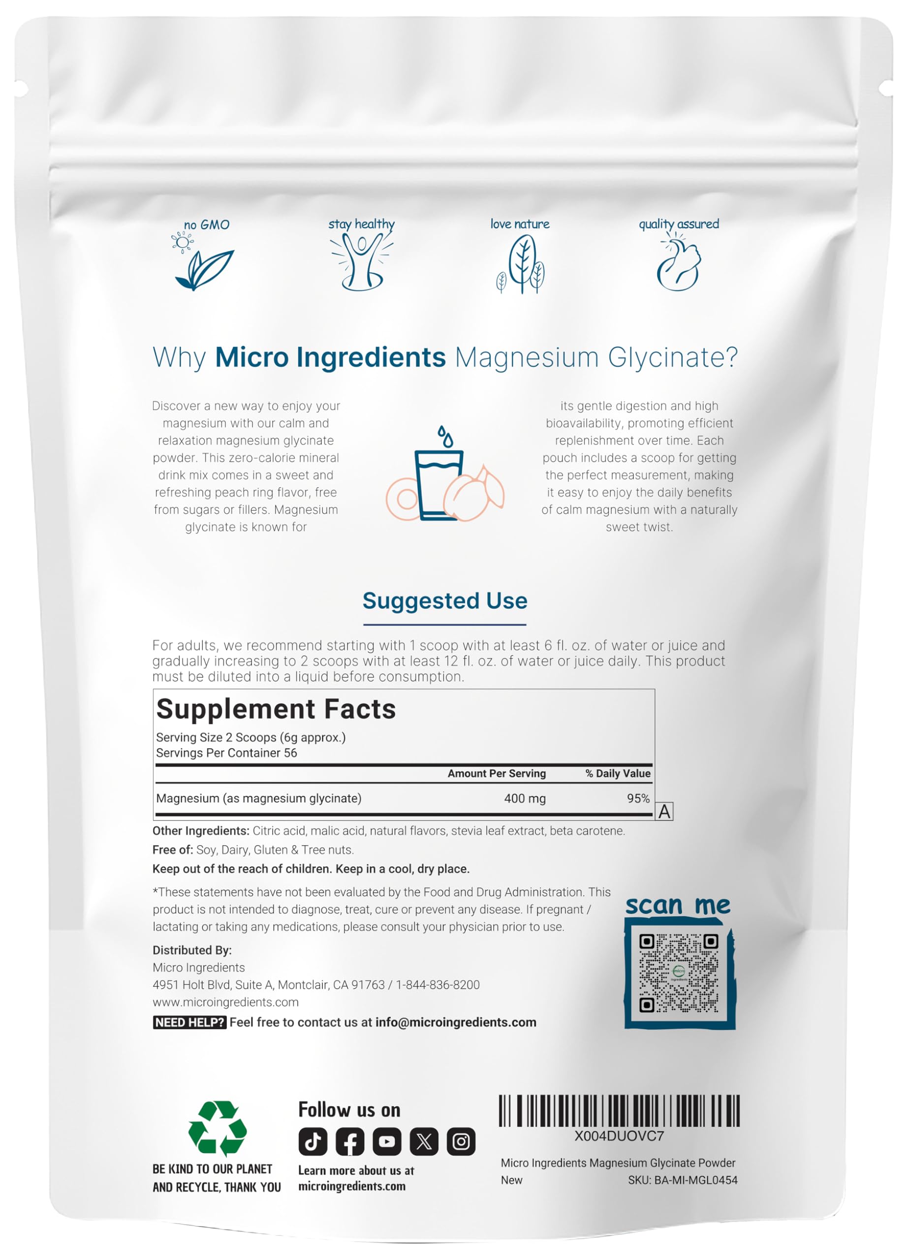 Foto 2 | Microingredientes De Glicinato De Magnesio En Polvo  350 G  56 Porciones - Venta Internacional.