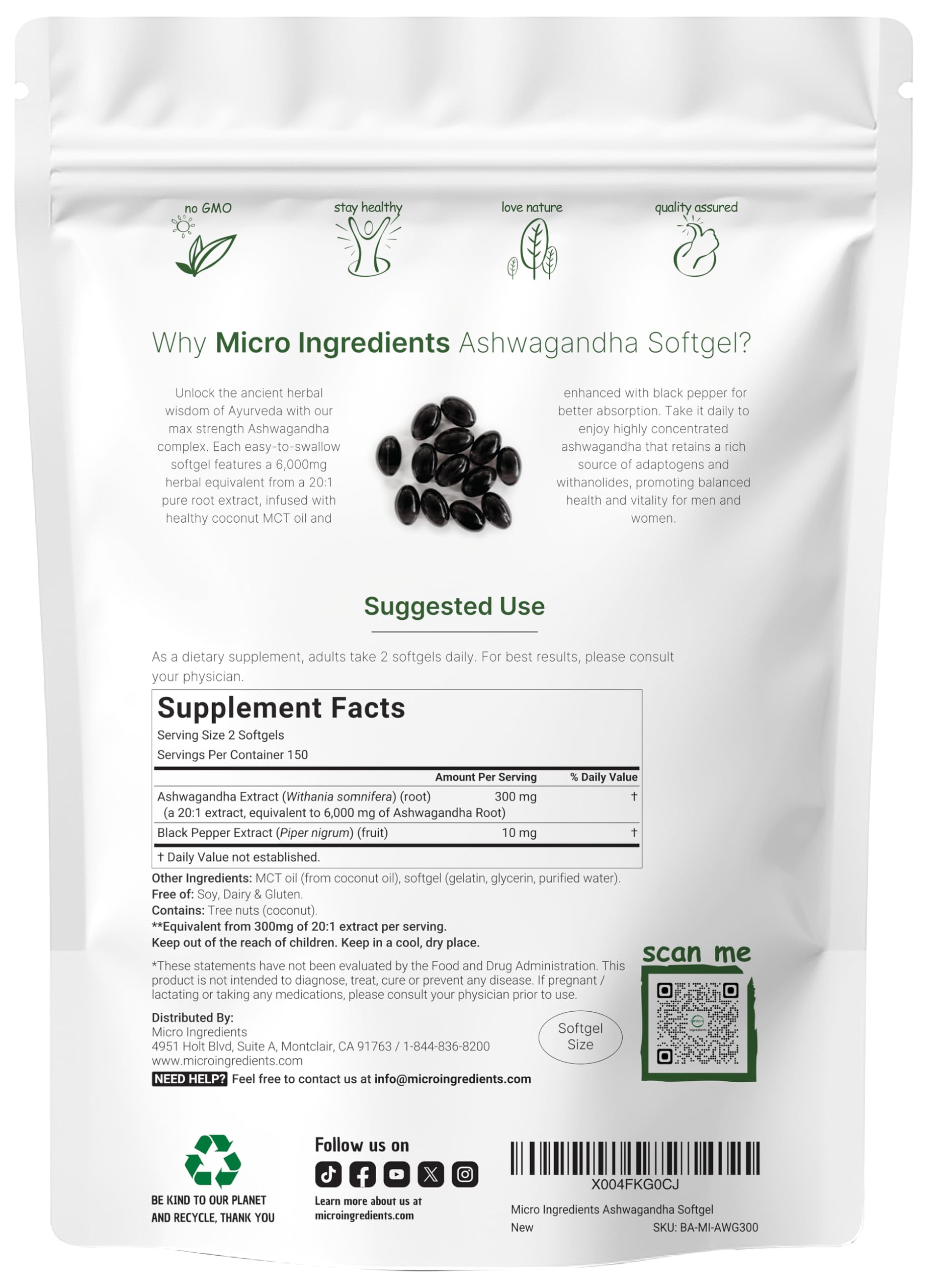 Foto 2 | Suplementos  Microingredientes  Ashwagandha  6000 Mg  300 Cápsulas Blandas - Venta Internacional.