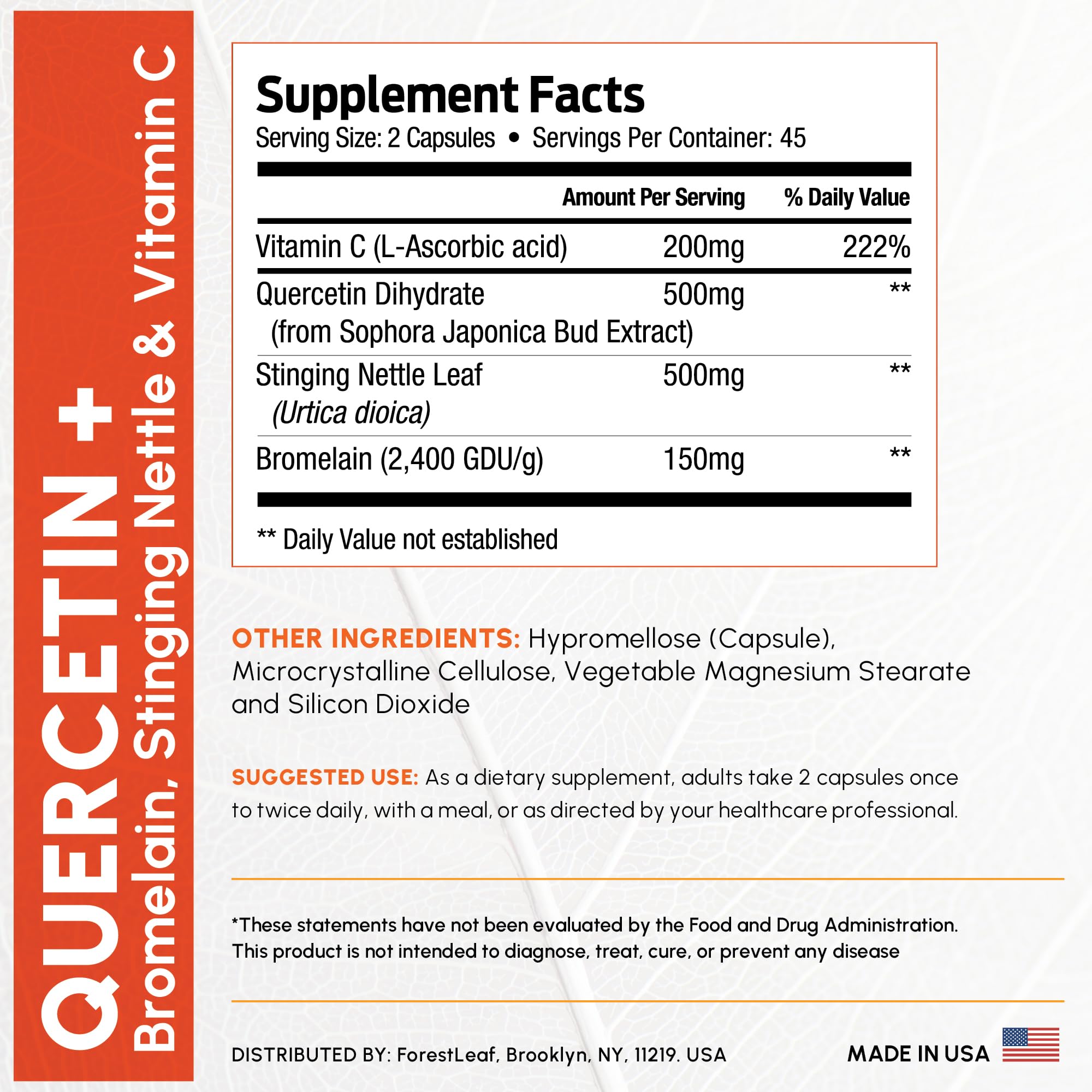 Foto 4 pulgar | Suplemento De Quercetina Forestleaf 500 Mg Con Bromelina 180 Cápsulas - Venta Internacional.