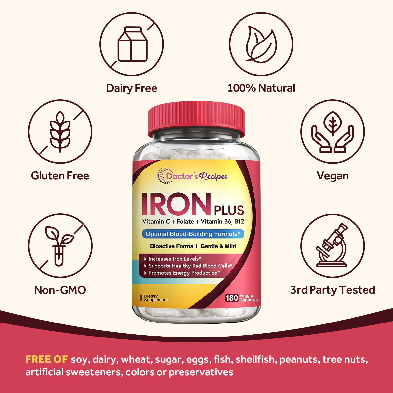 Foto 6 | Suplemento Doctor's Recipes Iron Plus 180 Cápsulas Veganas - Venta Internacional.