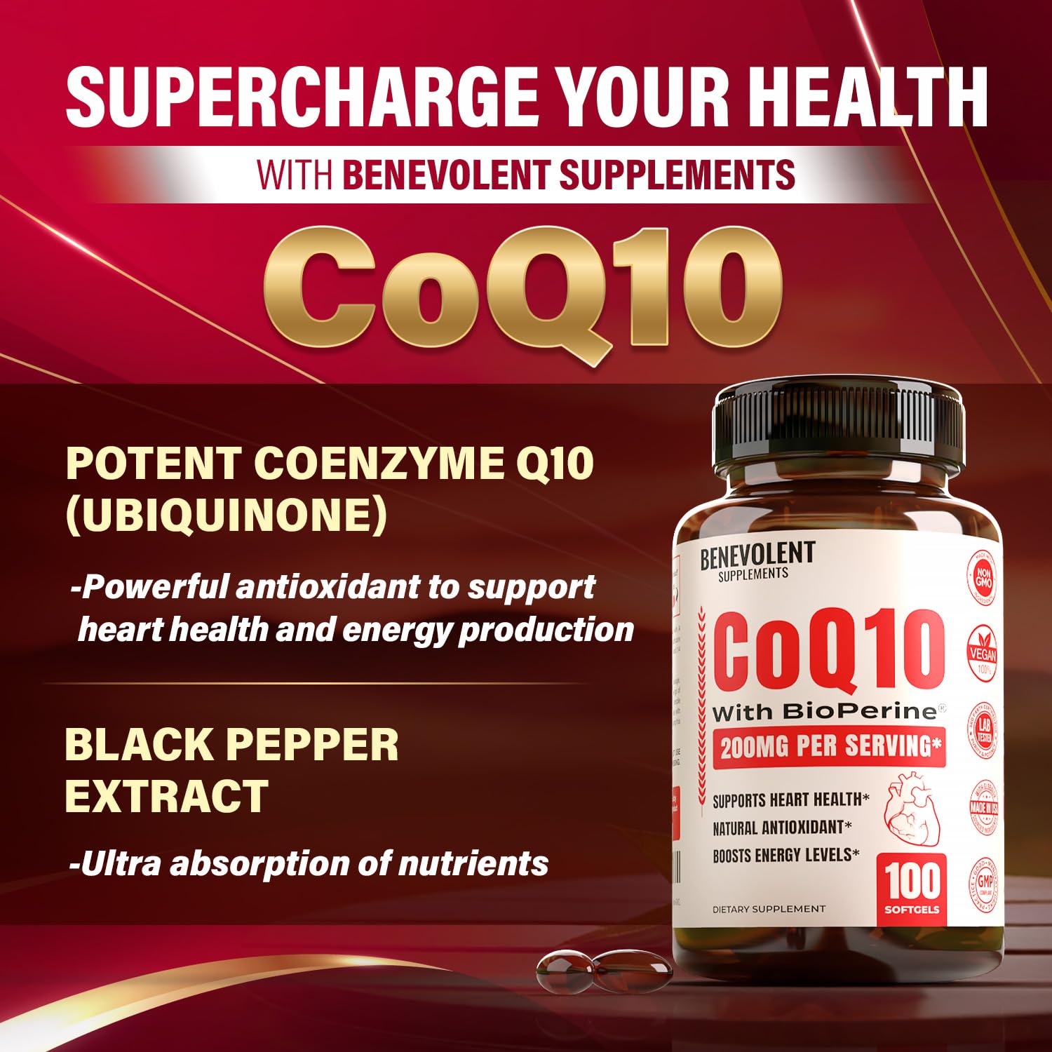 Foto 4 | Suplemento De Coenzima Q10  Nutrición Benévola  200 Mg  100 Cápsulas Blandas - Venta Internacional.