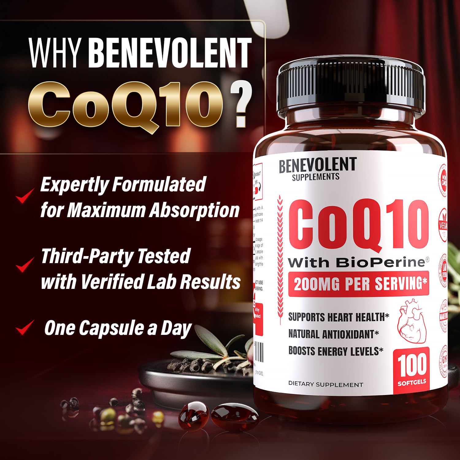 Foto 7 | Suplemento De Coenzima Q10  Nutrición Benévola  200 Mg  100 Cápsulas Blandas - Venta Internacional.