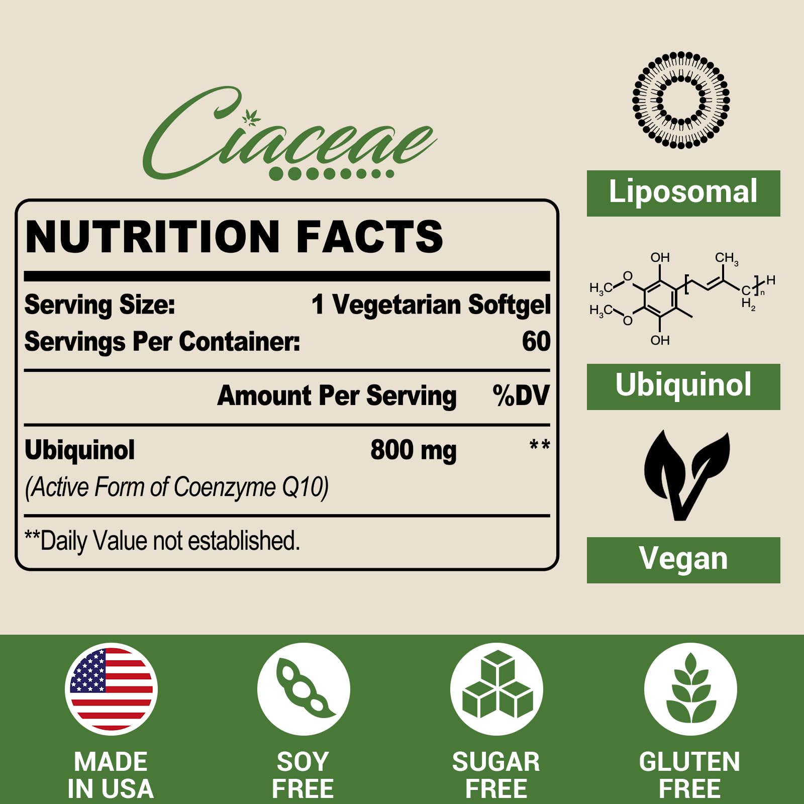 Foto 3 pulgar | Suplemento De Coq10 Liposomal De Ciaceae  800 Mg  Ubiquinol  120 Cápsulas Blandas - Venta Internacional.