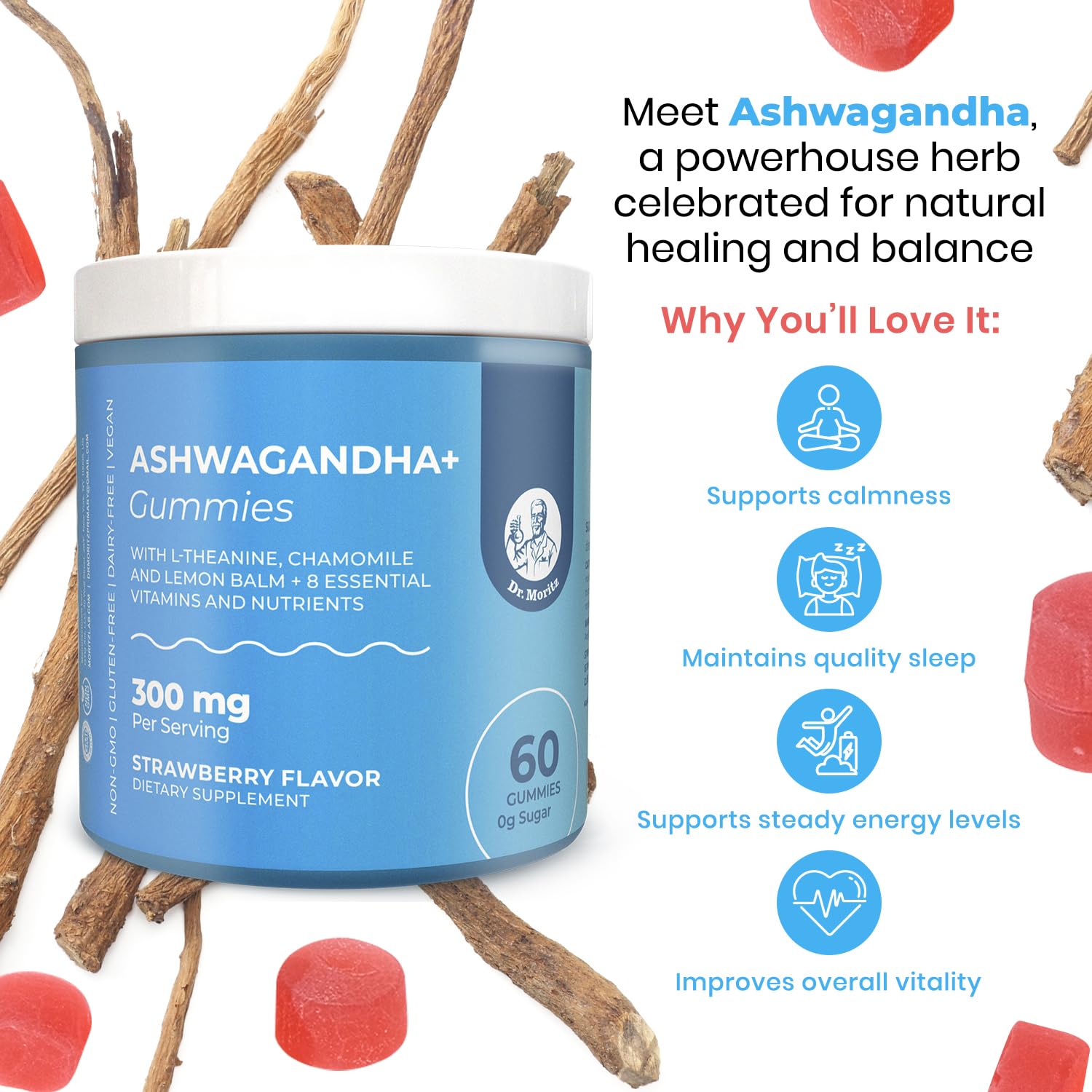 Foto 5 pulgar | Gomitas Dr. Moritz Ashwagandha Con L-teanina 300 Mg (60 Unidades) - Venta Internacional.