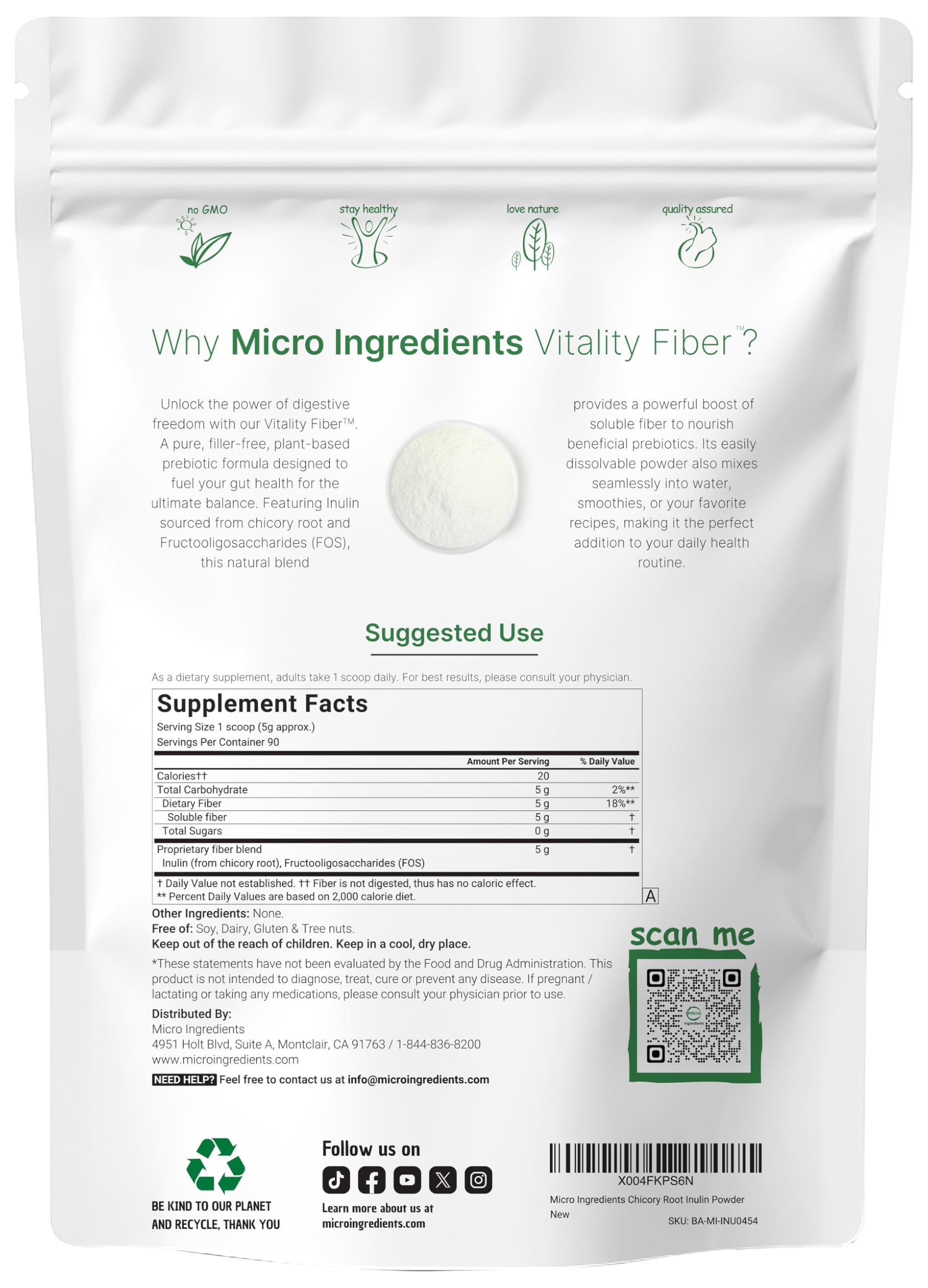 Foto 3 pulgar | Microingredientes De Fibra En Polvo Vitality  454g  Prebiótico - Venta Internacional.