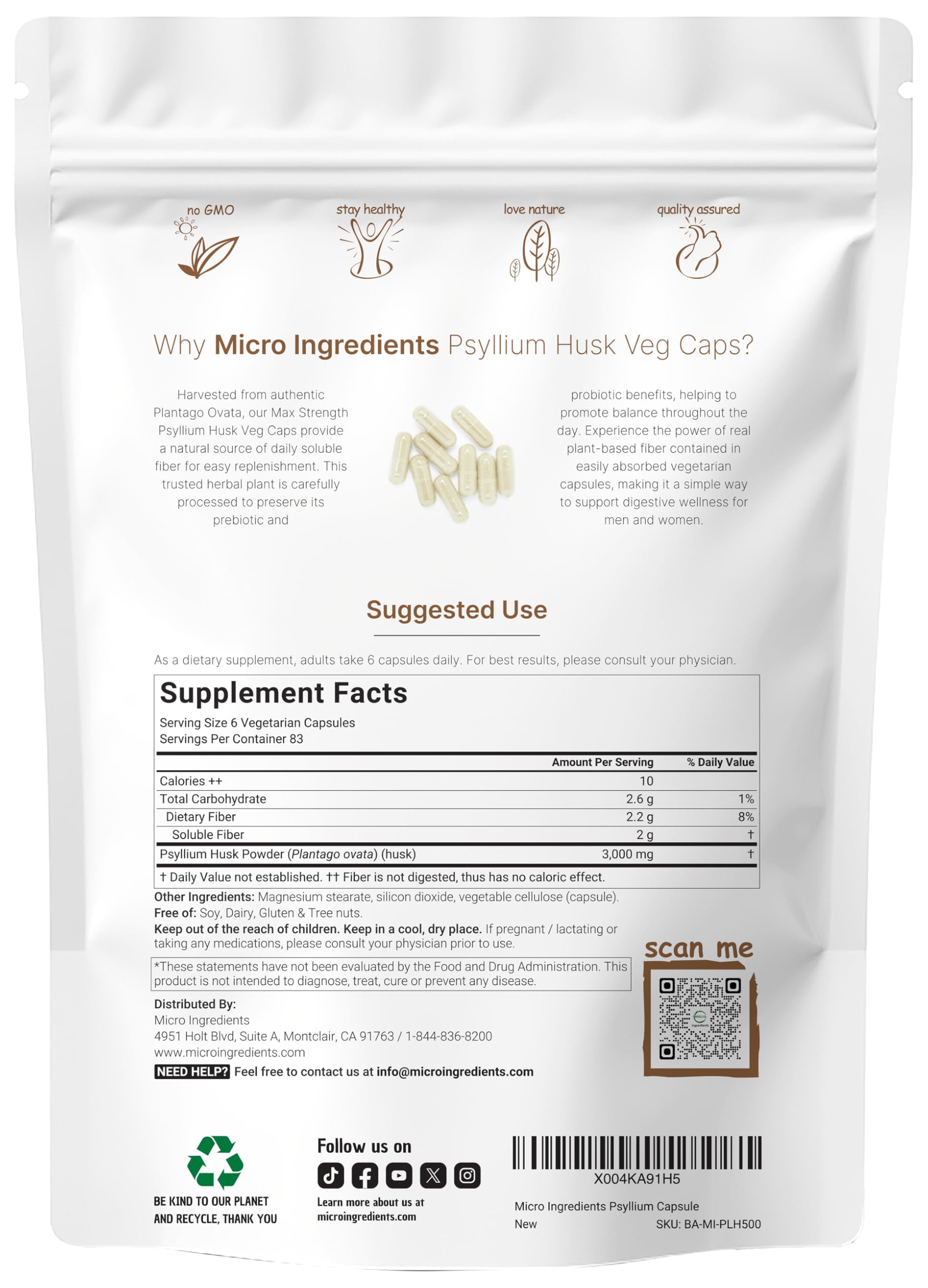 Foto 3 pulgar | Suplemento Con Microingredientes: Cáscara De Psyllium  3000 Mg  500 Cápsulas - Venta Internacional.