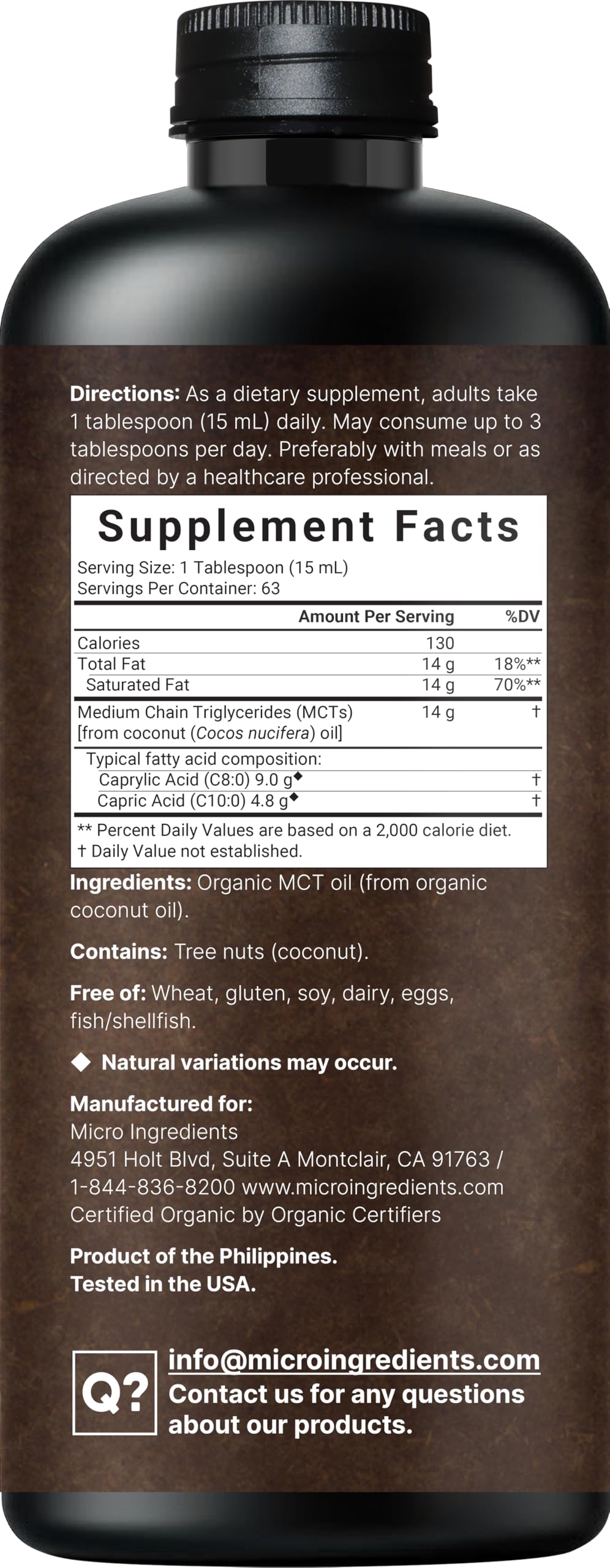 Foto 2 | Aceite Mct Micro Ingredients  Orgánico  946 Ml  100% Coco Virgen - Venta Internacional.