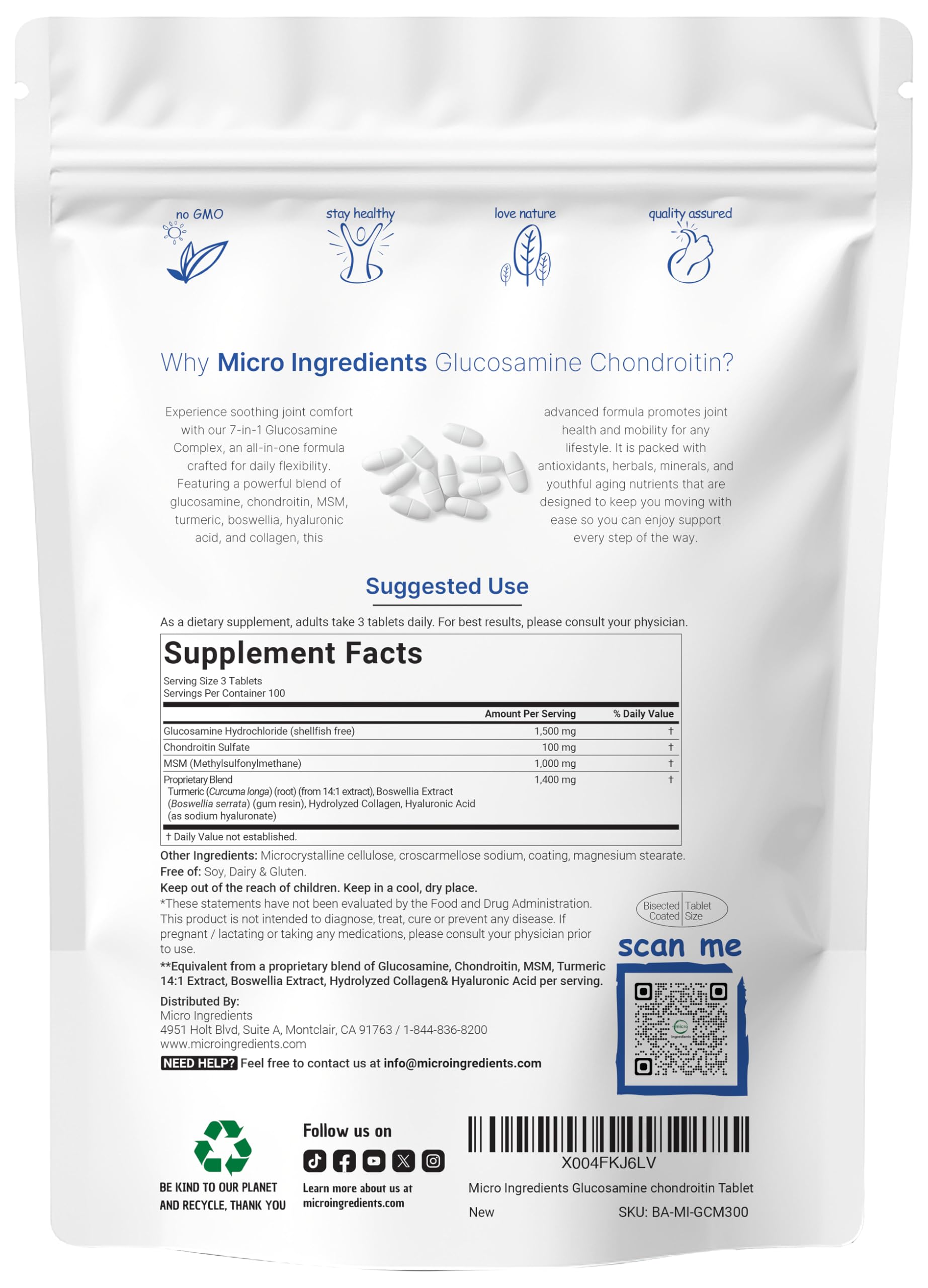 Foto 3 pulgar | Suplemento: Microingredientes: Glucosamina  Condroitina  Msm Y Cúrcuma  4000 Mg  300 Comprimidos - Venta Internacional.