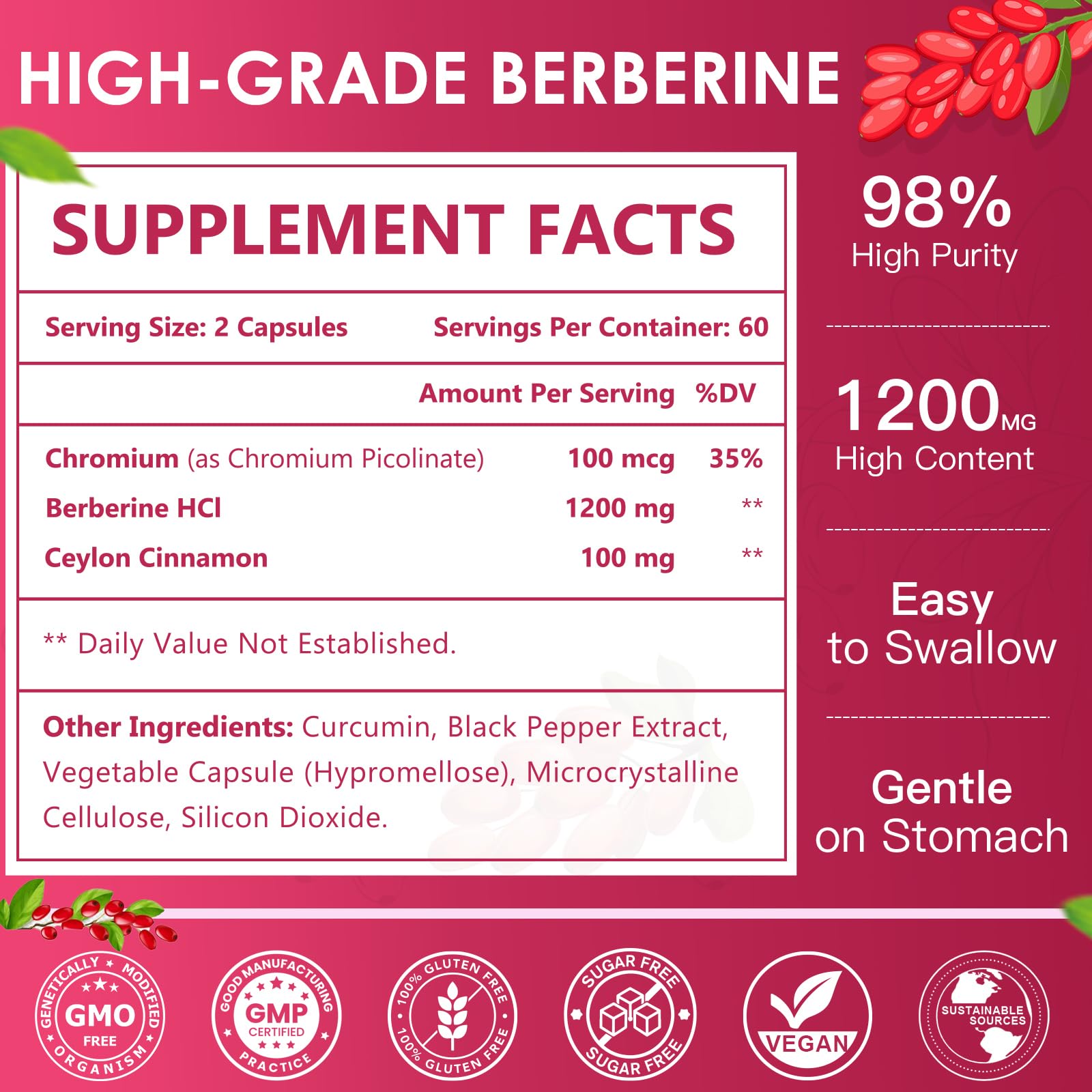 Foto 2 | Suplemento Nature Target Berberine Hcl 1200 Mg Con Canela De Ceilán - Venta Internacional.