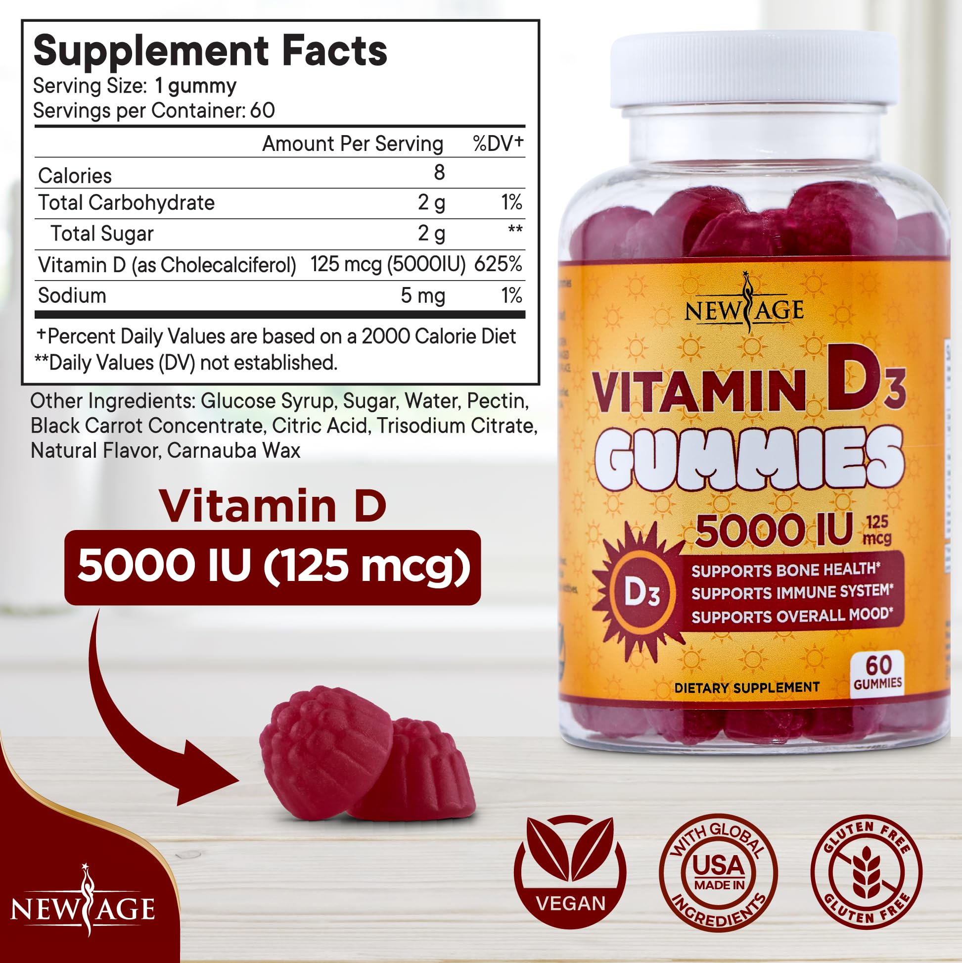 Foto 3 pulgar | Gomitas De Vitamina D3 New Age 5000 Ui 125 Mcg Que Ayudan Al Sistema Inmunitario - Venta Internacional.