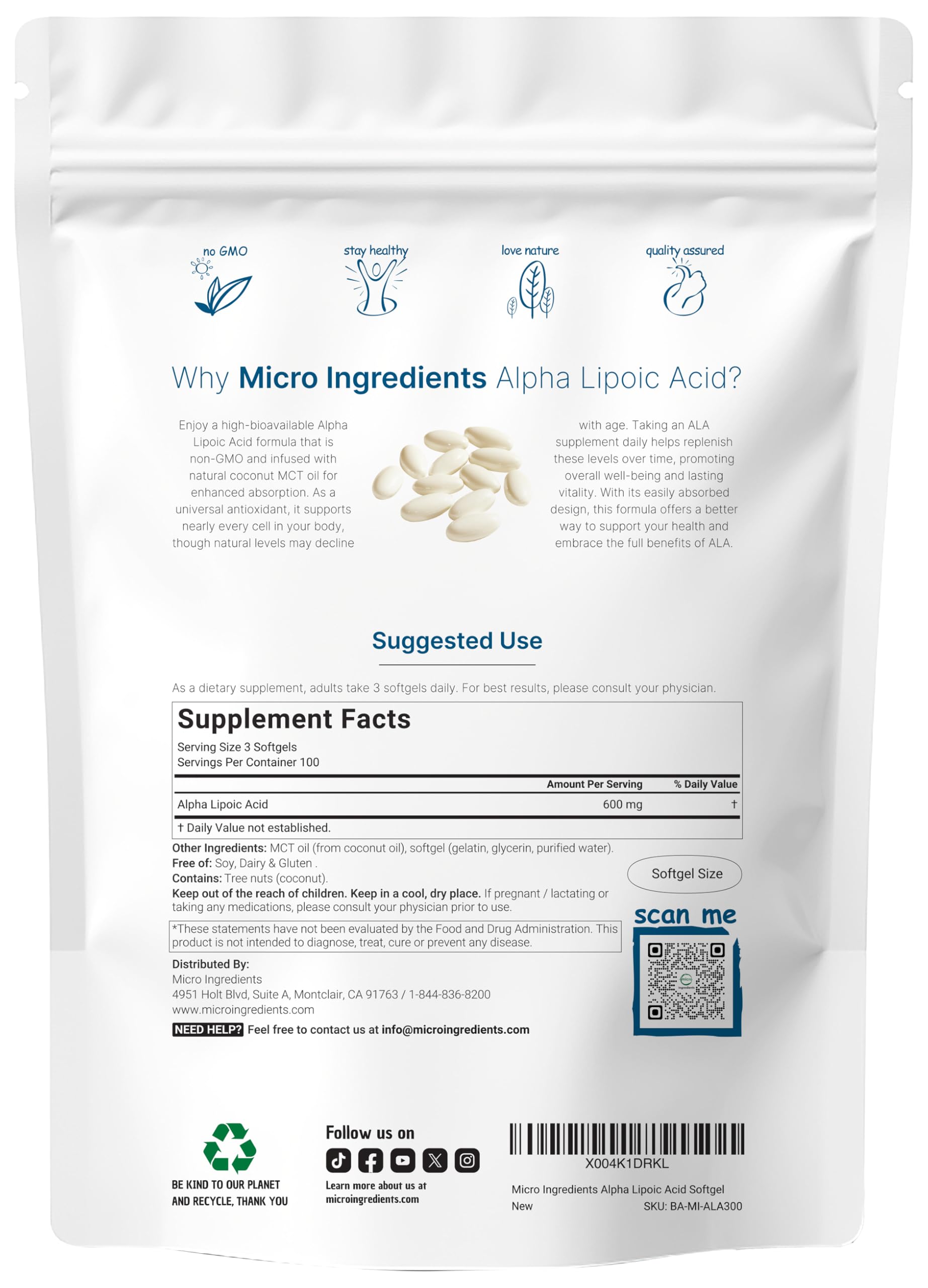 Foto 3 pulgar | Suplemento De Microingredientes: Ácido Alfa Lipoico  600 Mg  300 Cápsulas Blandas - Venta Internacional.
