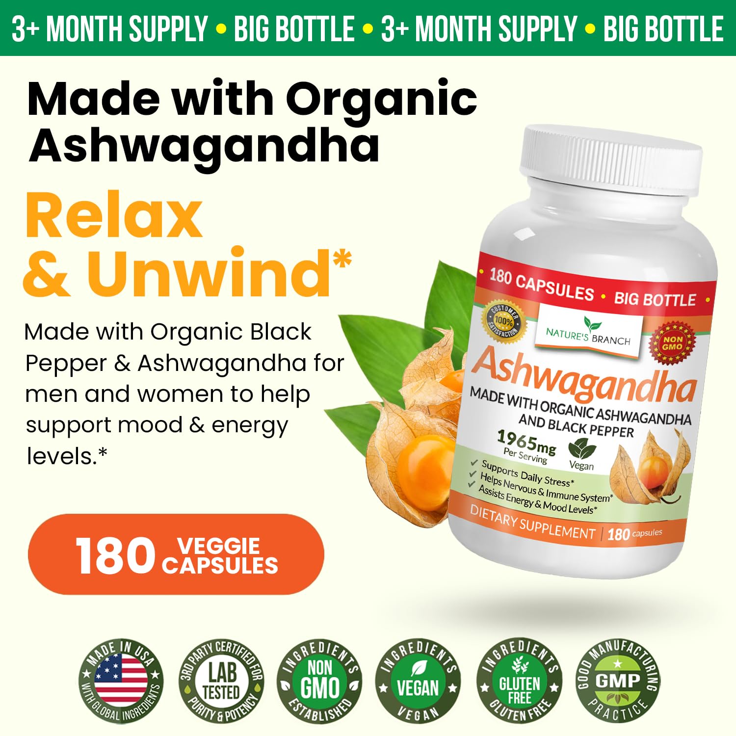Foto 3 pulgar | Suplemento Nature's Branch Ashwagandha 1965 Mg - 180 Cápsulas - Venta Internacional.
