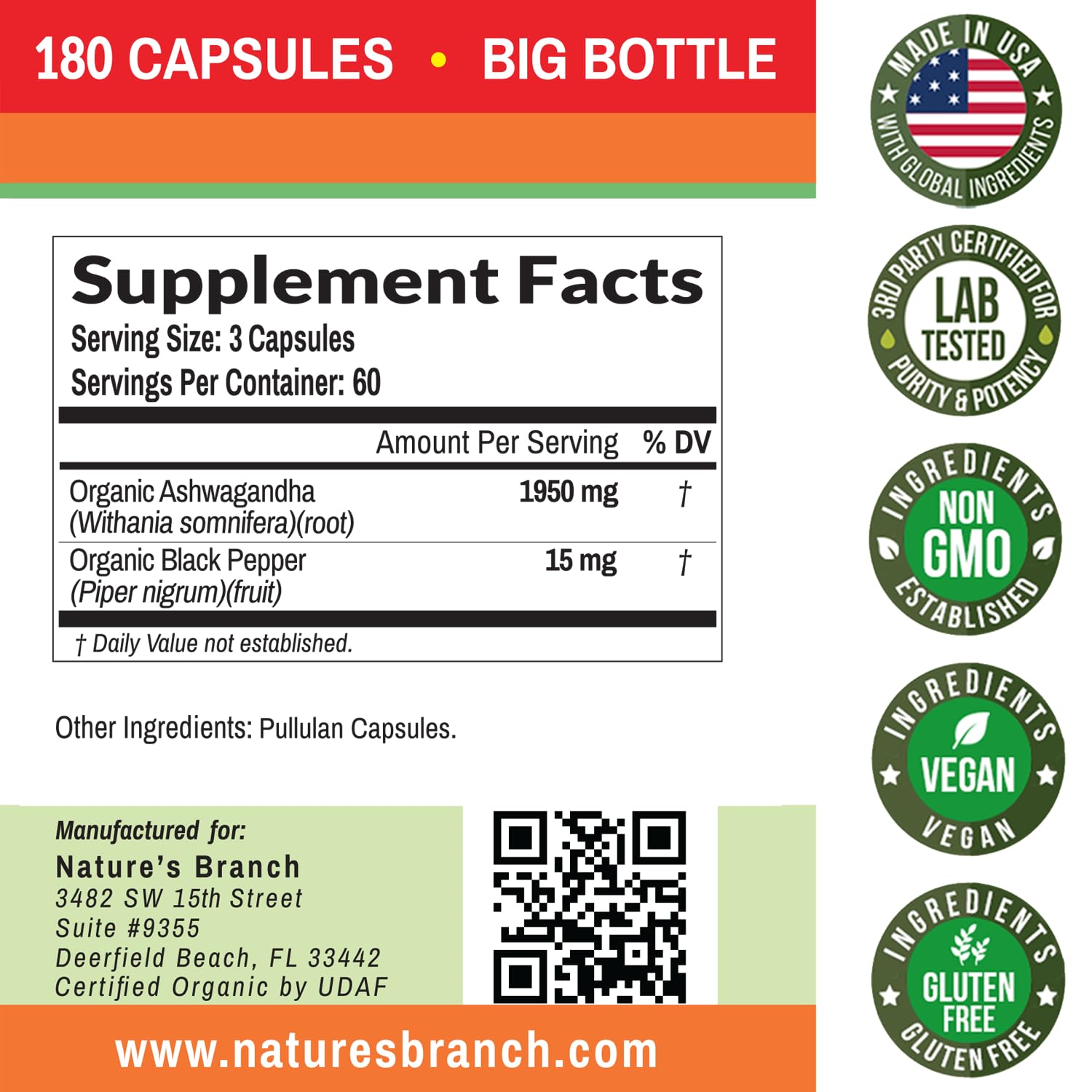 Foto 7 pulgar | Suplemento Nature's Branch Ashwagandha 1965 Mg - 180 Cápsulas - Venta Internacional.