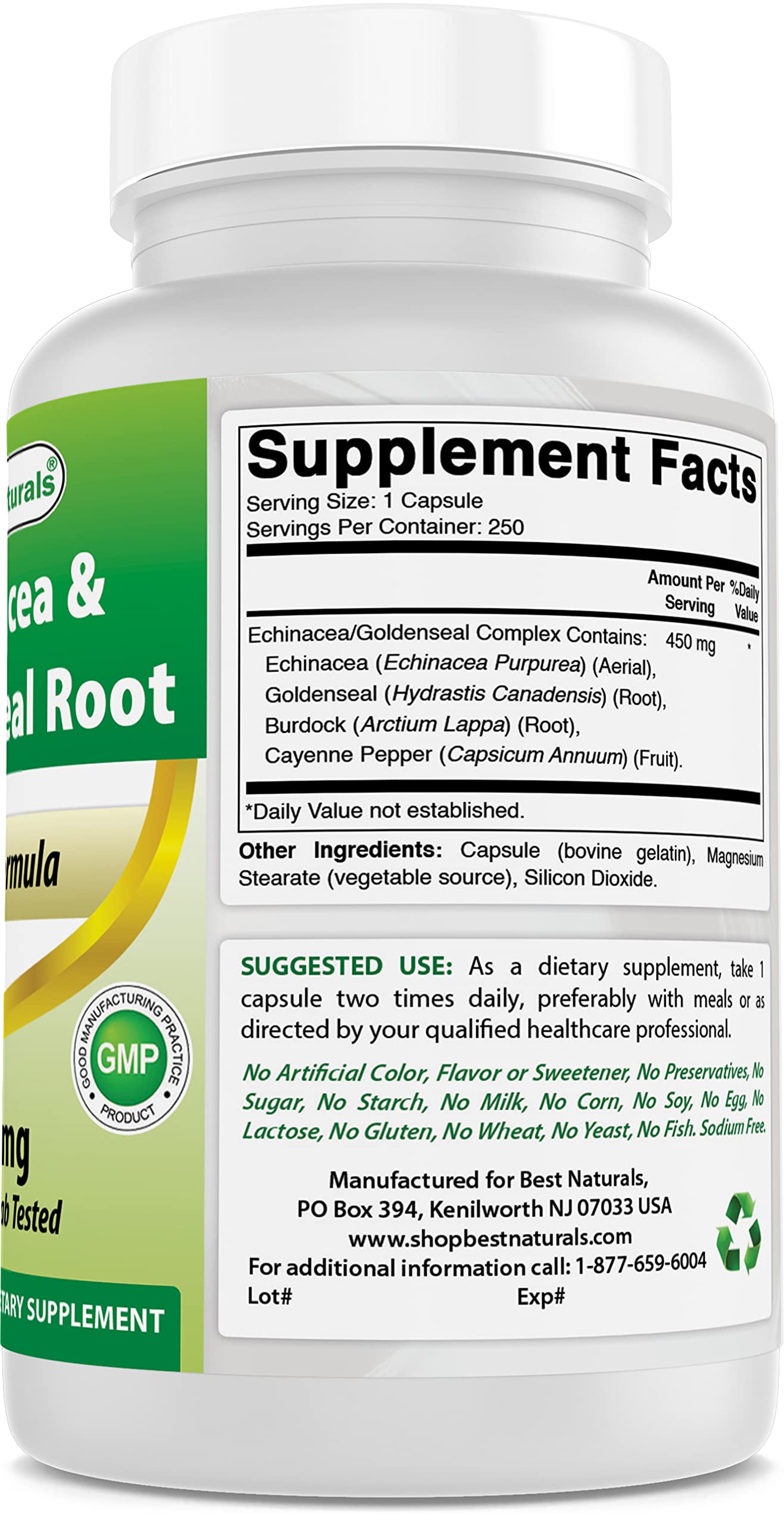 Foto 6 pulgar | Suplemento Best Naturals Echinacea Goldenseal 450 Mg 250 Cápsulas - Venta Internacional.